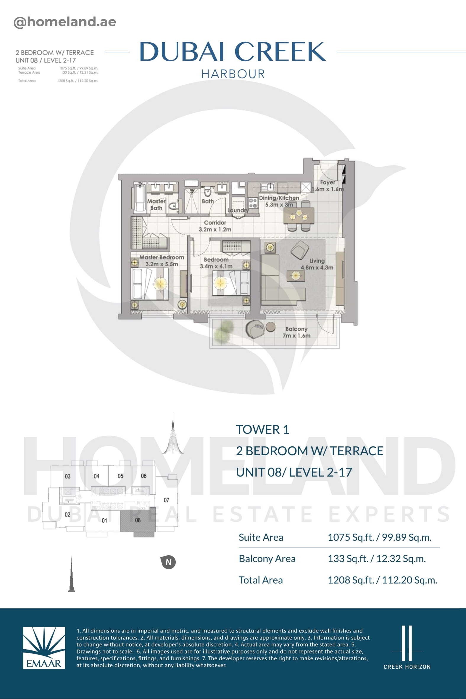 Creek Horizon, Tower 1, 2 BR Terrace, Unit 08, Level 2-17, 1208 SQFT