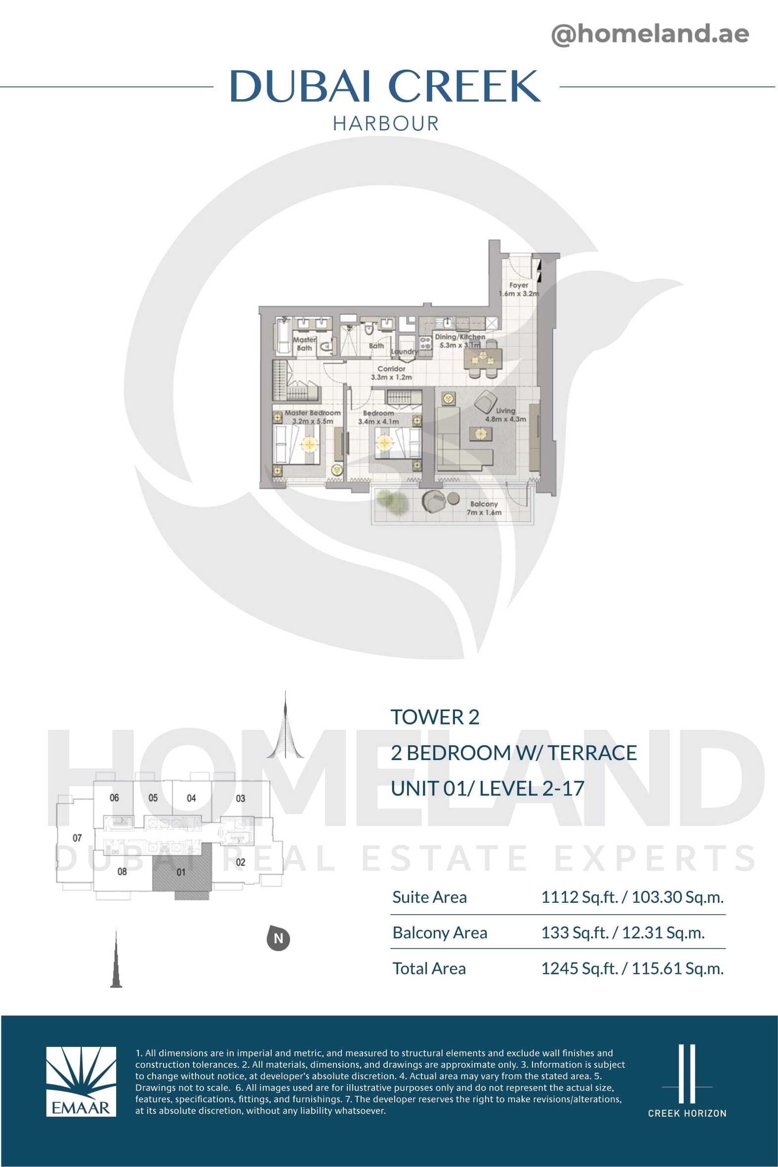 Creek Horizon, Tower 2, 2 BR Terrace, Unit 01, Level 2-17, 1245 SQFT