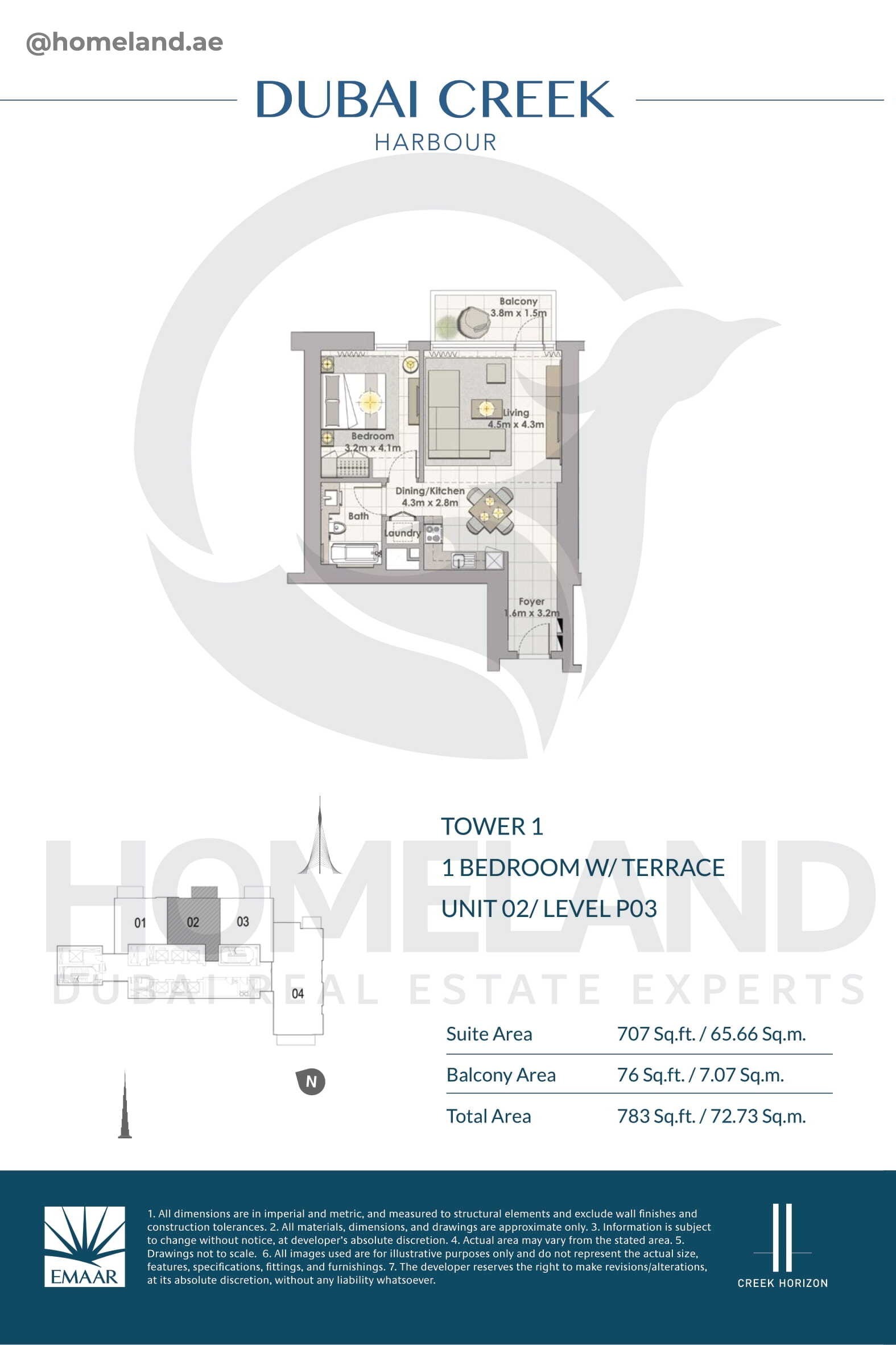 Creek Horizon, Tower 1, 1 BR Terrace, Unit 02, Level P03, 783 SQFT