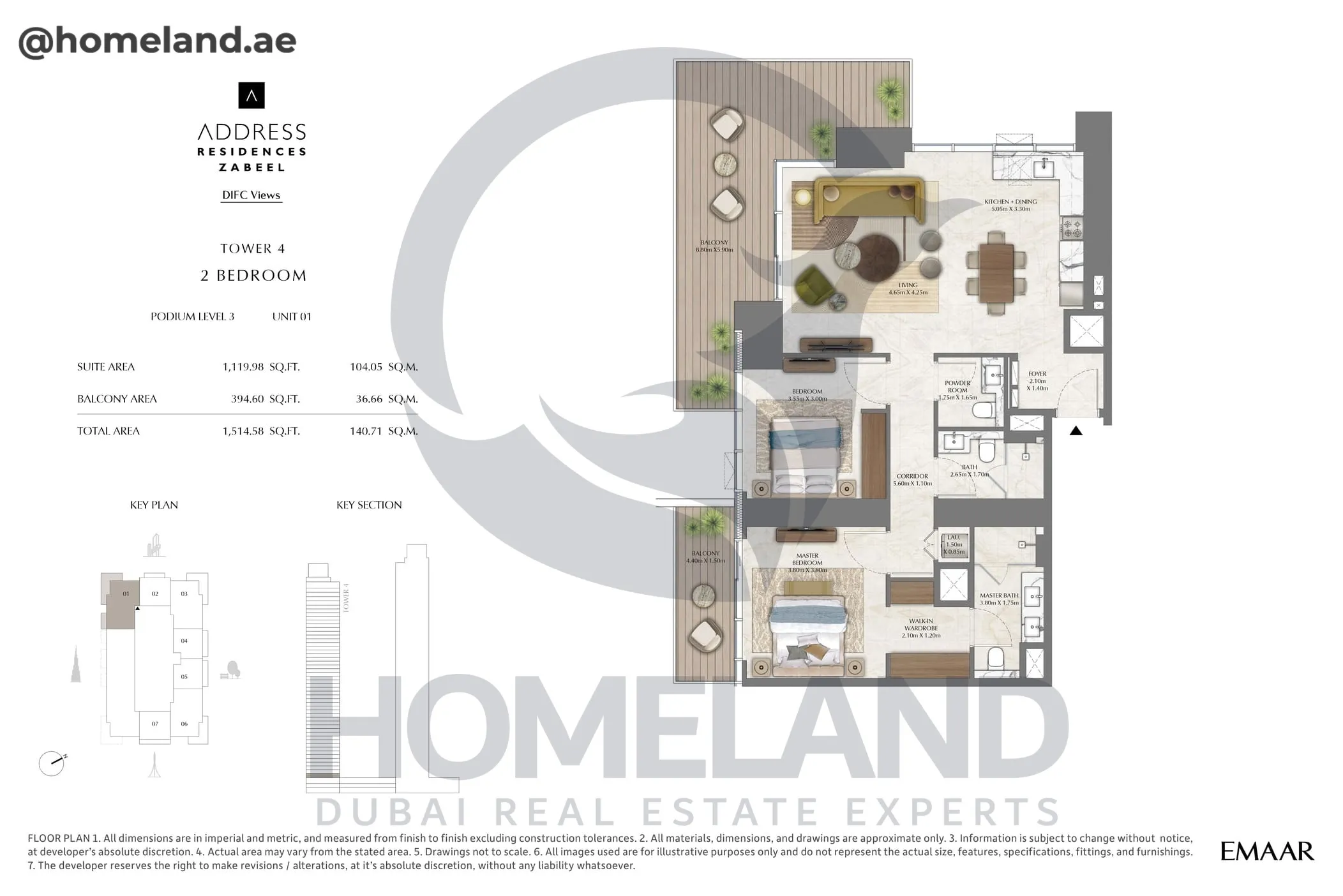 Address Residences Zabeel, Tower 4, 2BR, Podium Level 3, Unit 01, 1514 SQFT