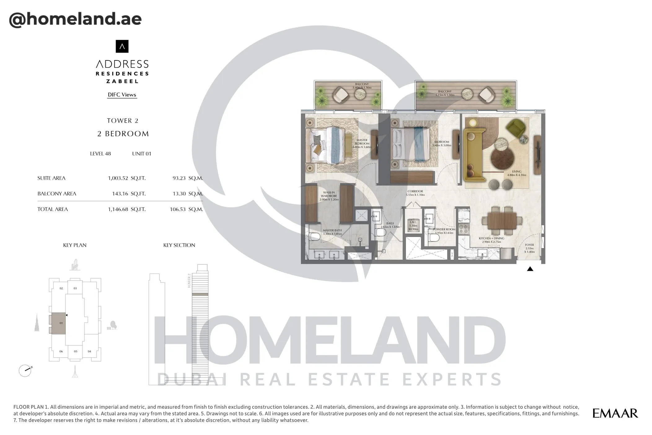 Address Residences Zabeel, Tower 2, 2BR, Level 48, Unit 01, 1146 SQFT
