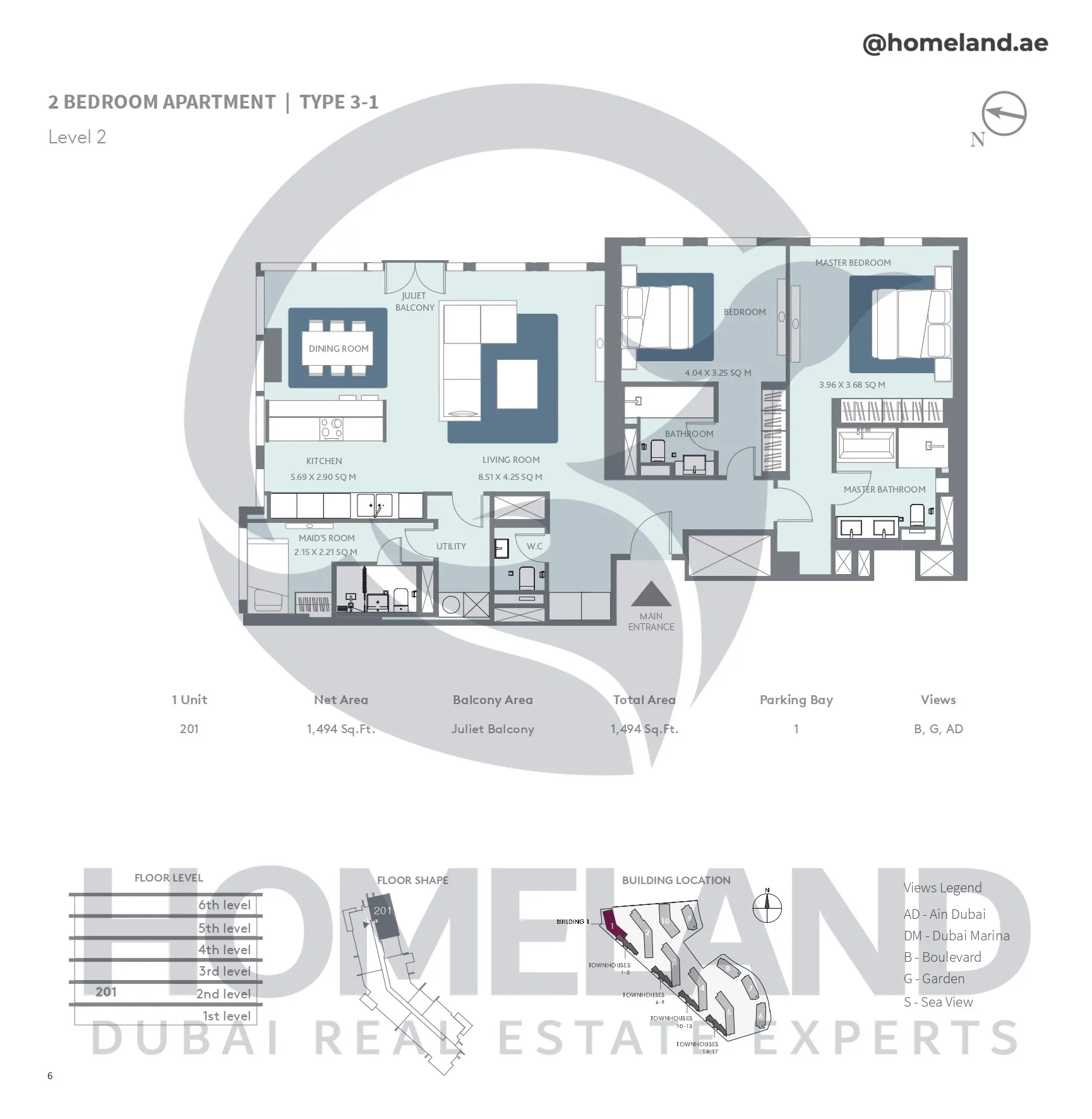 Bluewaters Residential Building Tower 1, 2 BR, Type 2-3A, Level 2-6, Unit 203-303-403-503-603, 1713 SQFT