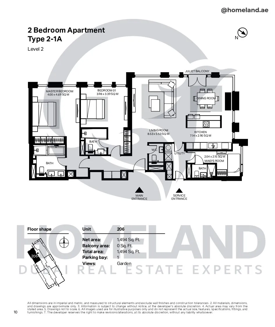 Bluewaters Residential Building Tower 7, 2 BR, Type 2-1A, Level 2, Unit 206, 1494 SQFT