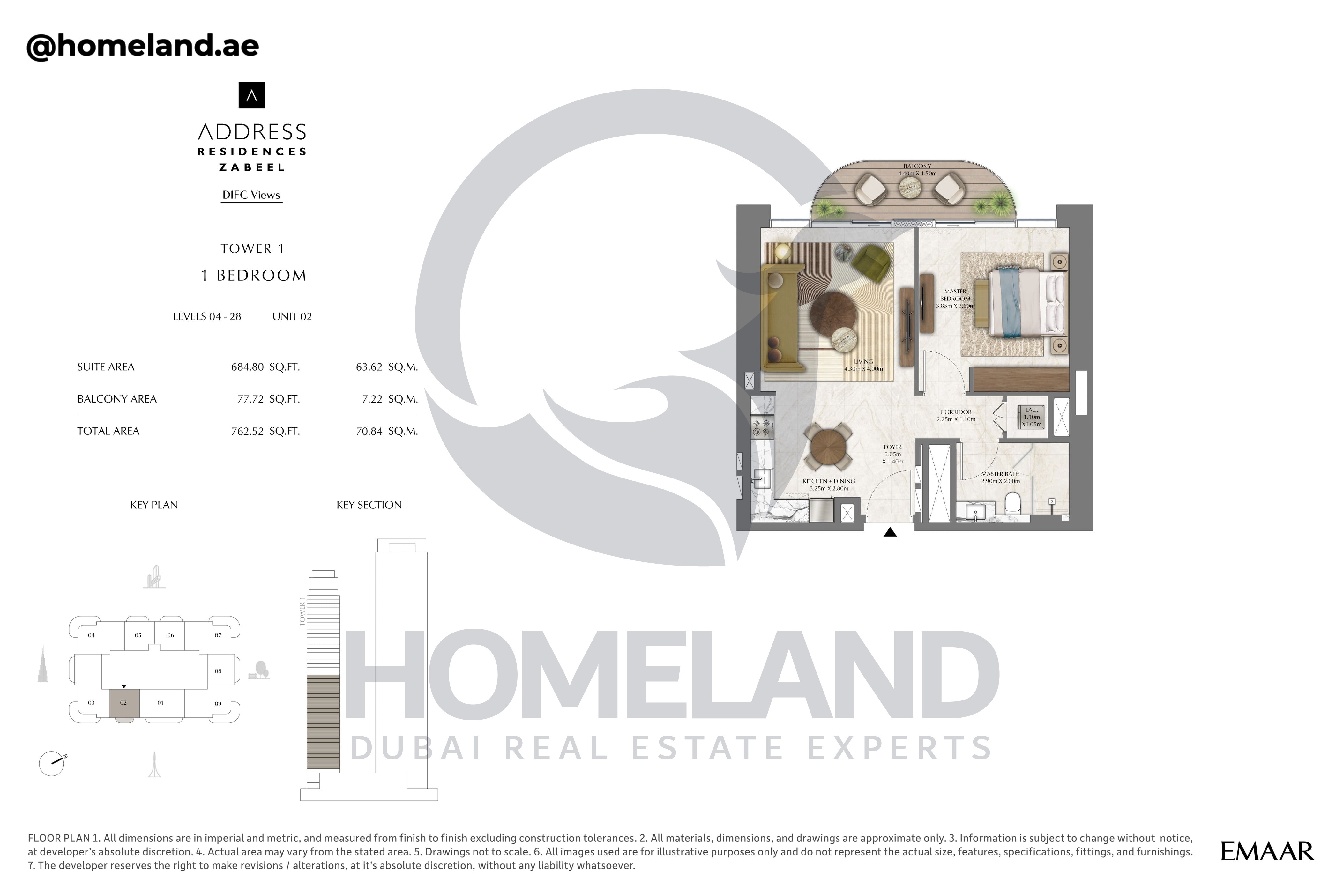 Address Residences Zabeel, Tower 1, 1BR, Level 4-28, Unit 02, 762 SQFT