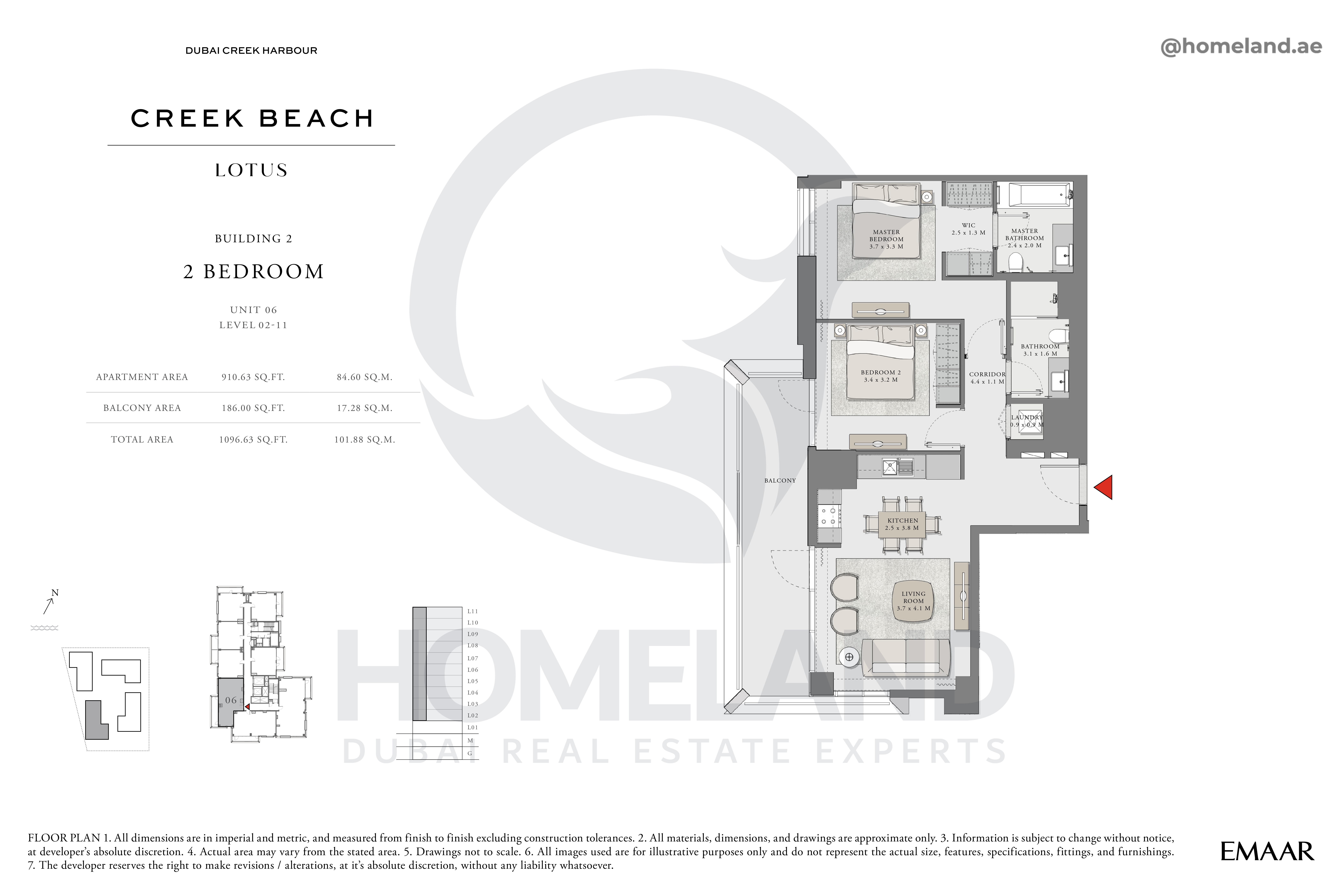 Lotus, 2 BR, Unit 06, Level 2-11, 1096 SQFT