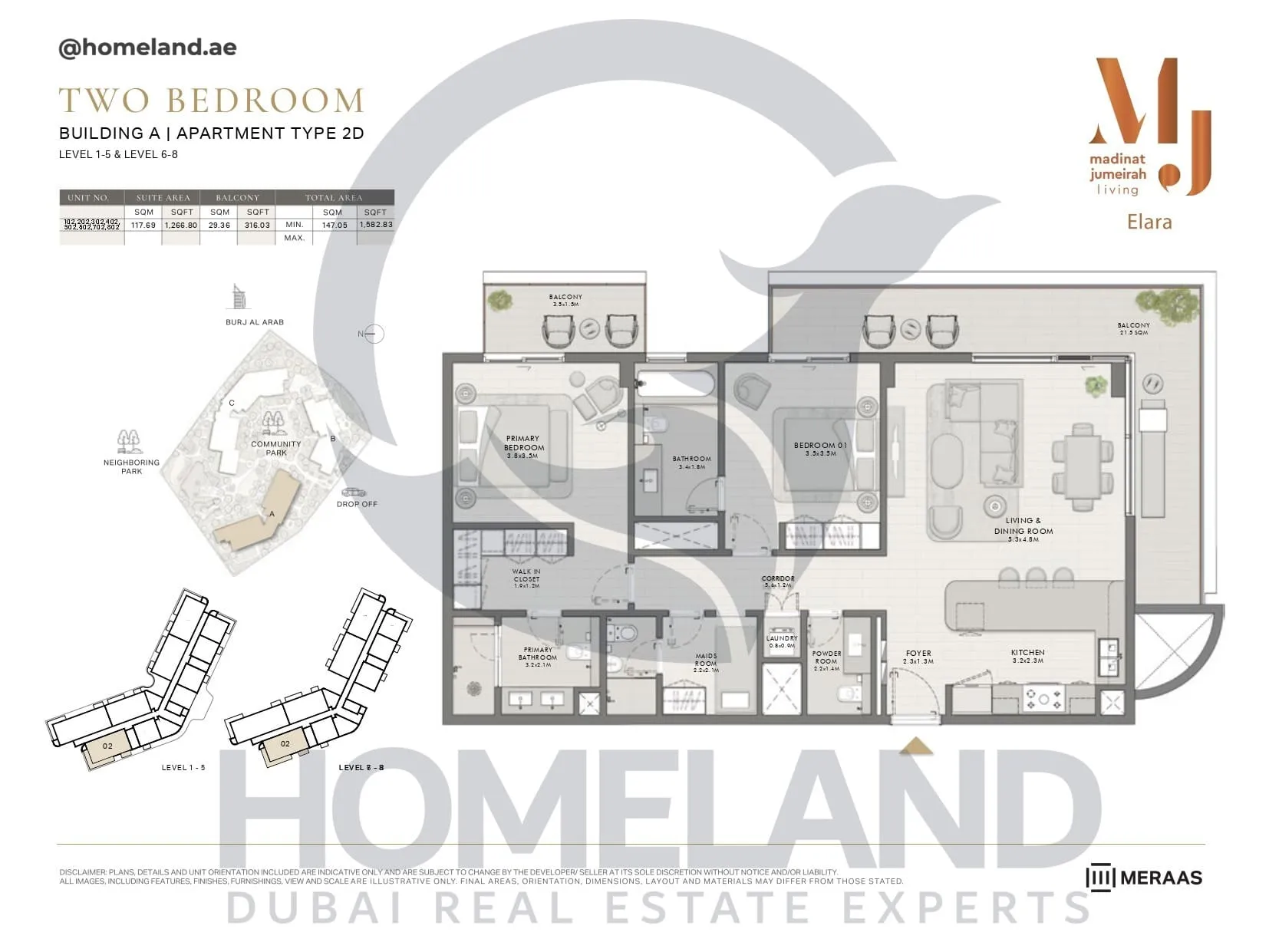 Elara, Building A, Type 2D, 2 BR, Unit 102-202-302-402-502-602-702-802, Level 1-5-6-8, 1582 SQFT