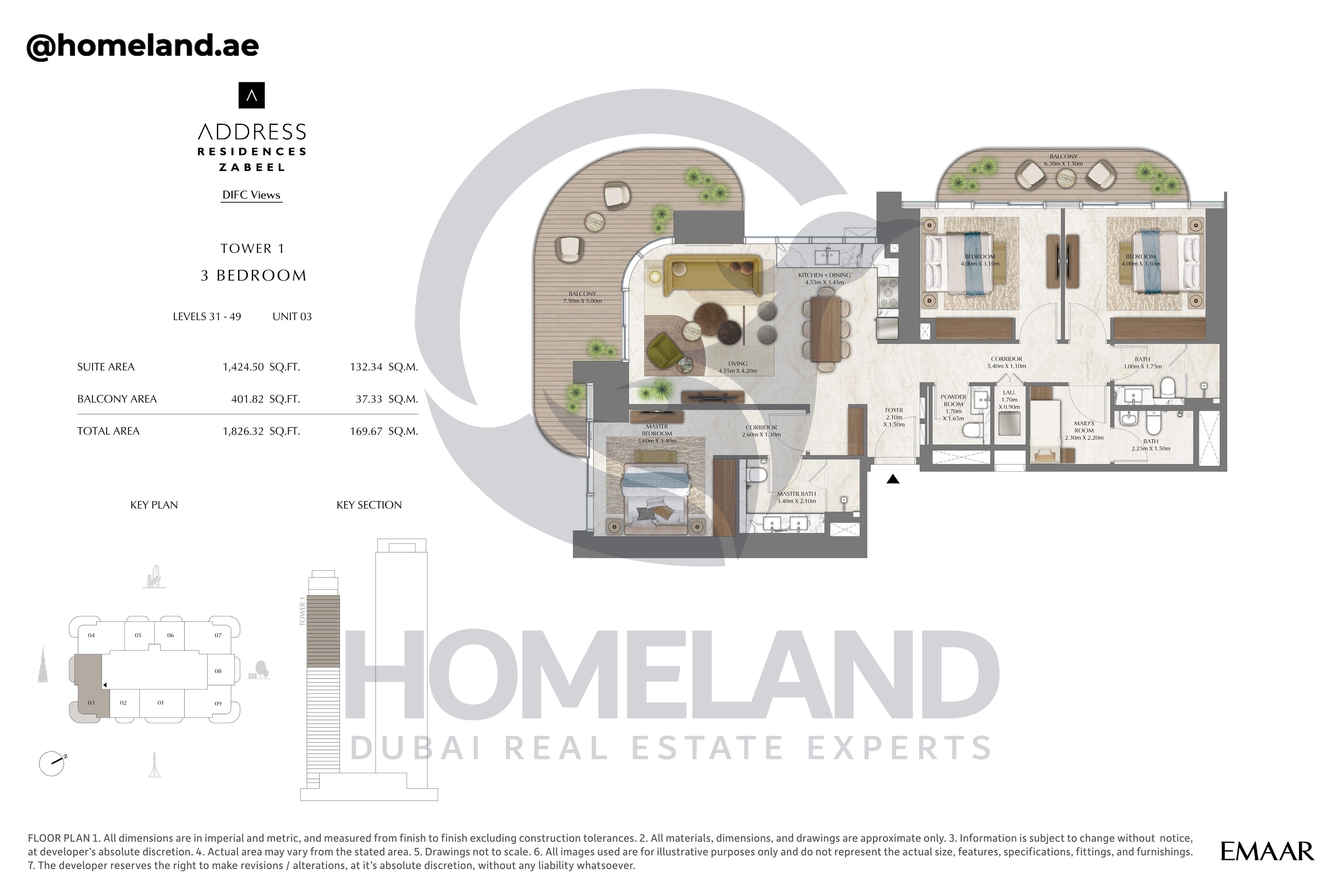 Address Residences Zabeel, Tower 1, 3BR, Level 31-49, Unit 03, 1826 SQFT