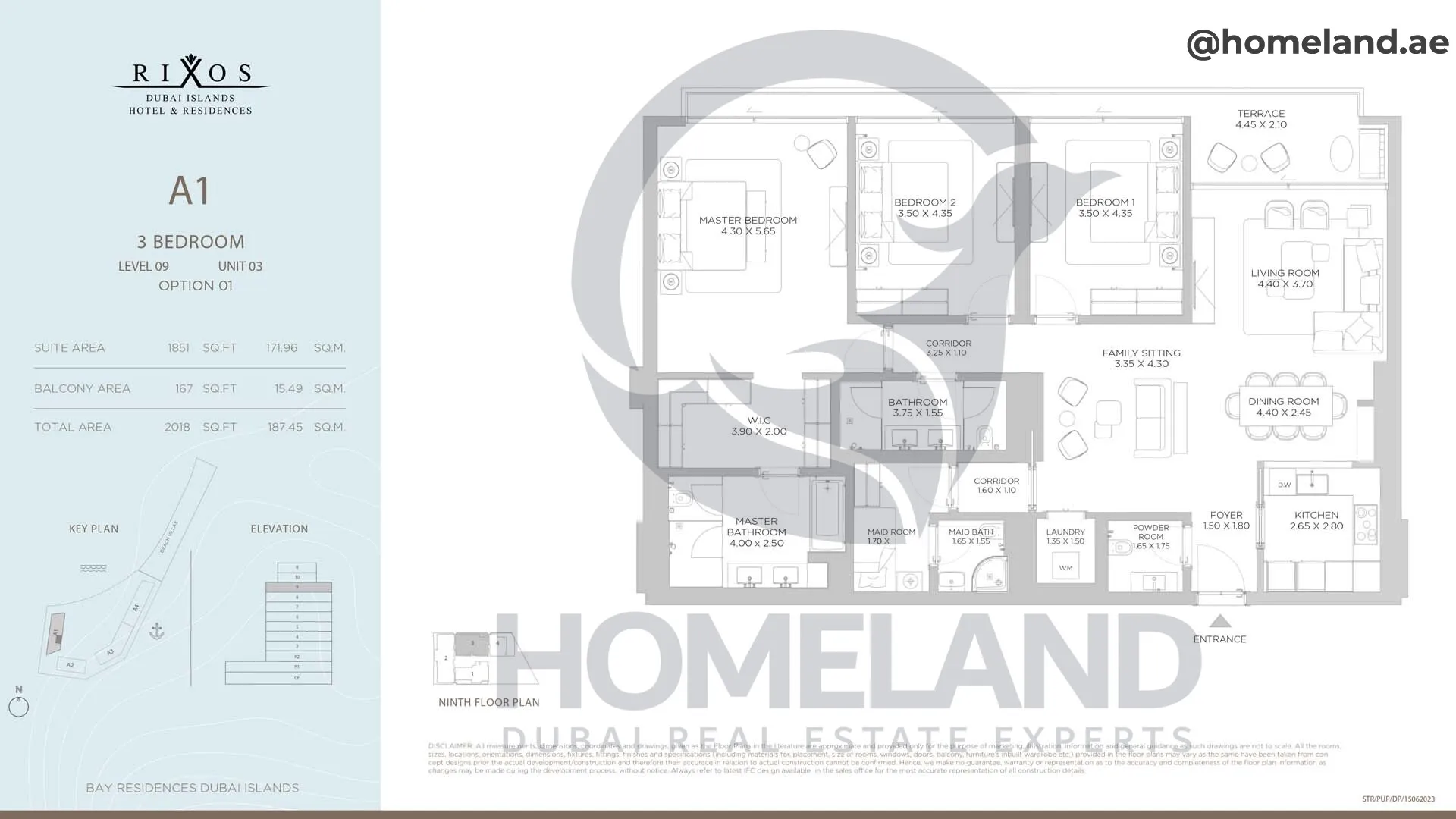 Rixos, A1, 3 BR, Level 9, Unit 03 Option 1, 2018 SQFT