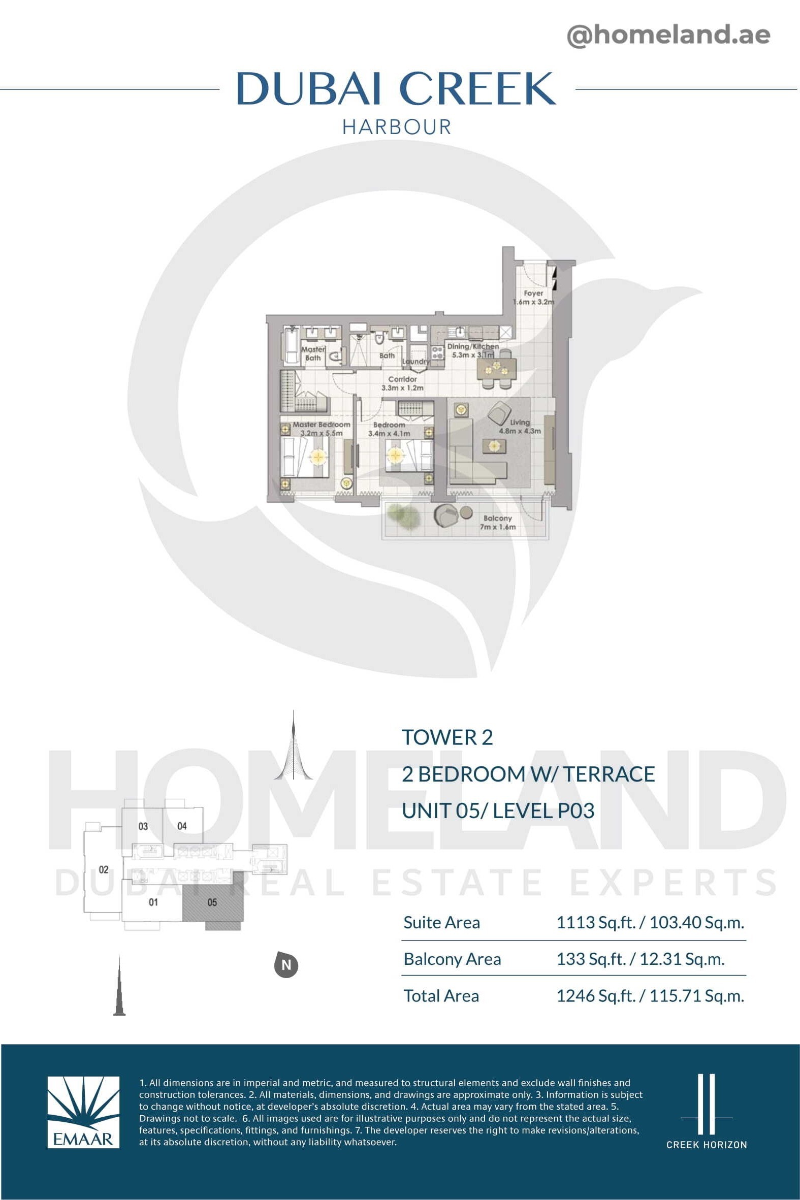 Creek Horizon, Tower 2, 2 BR Terrace, Unit 05, Level P03, 1246 SQFT