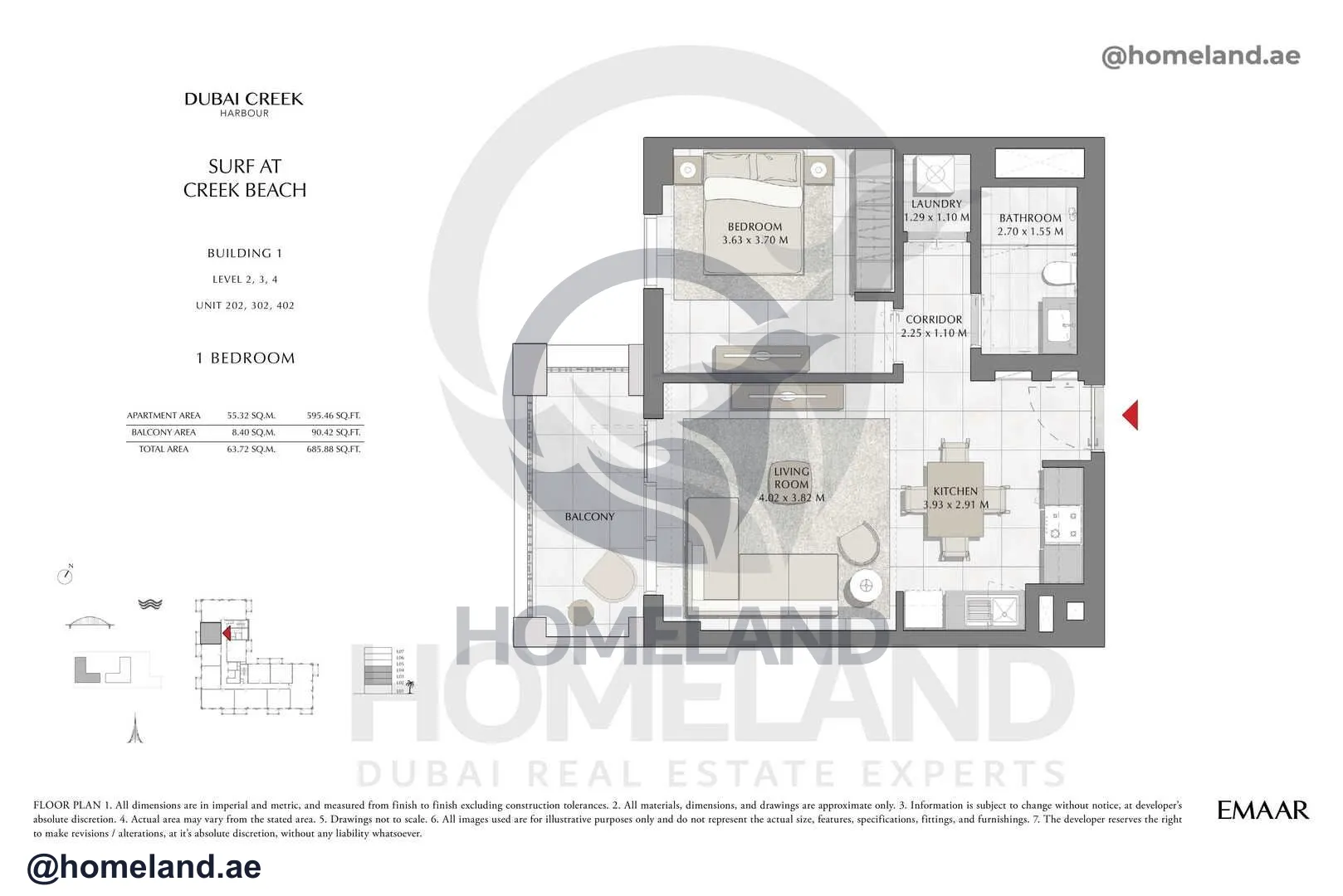 Surf, Building 1, Level 2-3-4, Unit 202-302-402, 1 BR, 685 SQFT