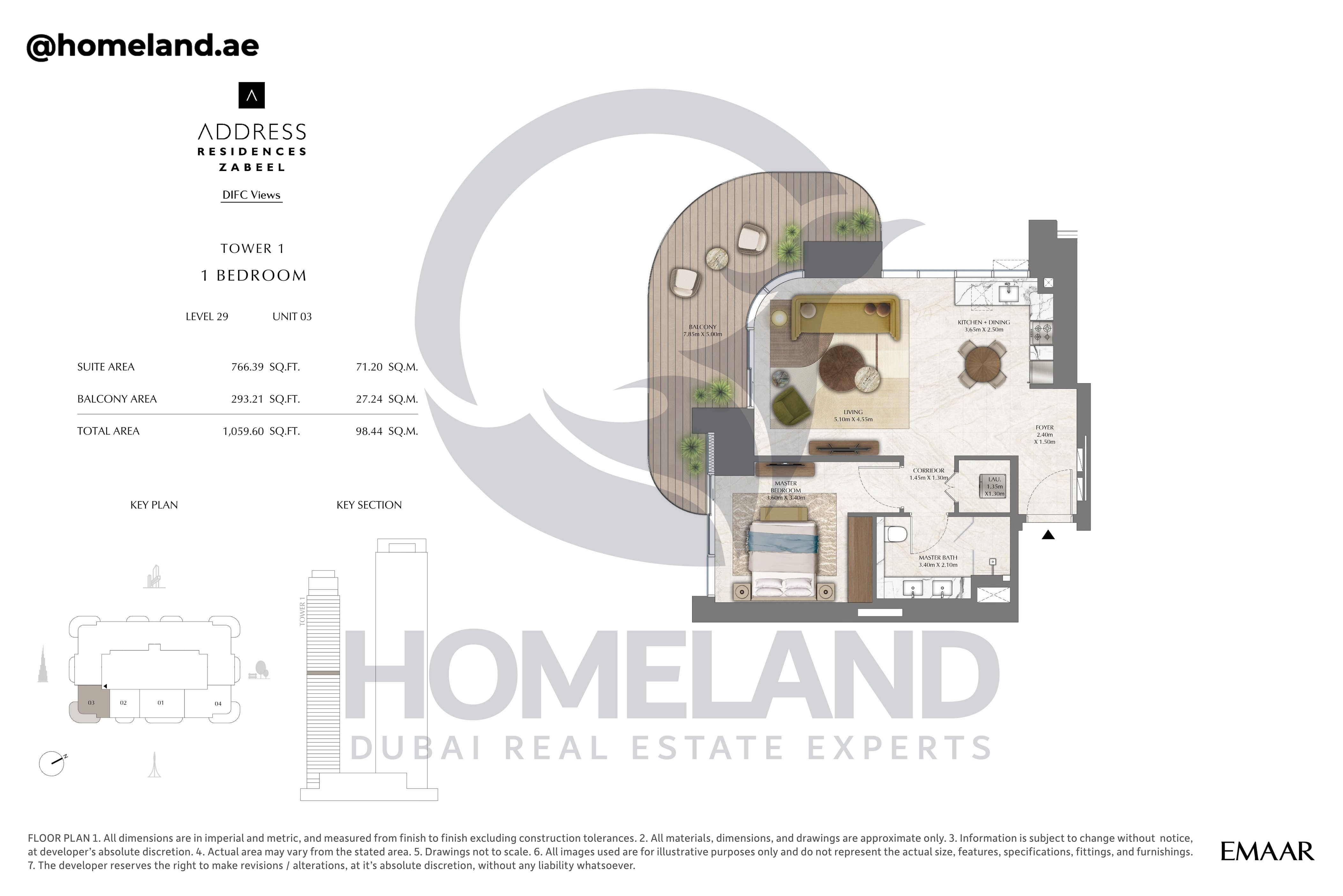 Address Residences Zabeel, Tower 1, 1BR, Level 29, Unit 03, 1059 SQFT