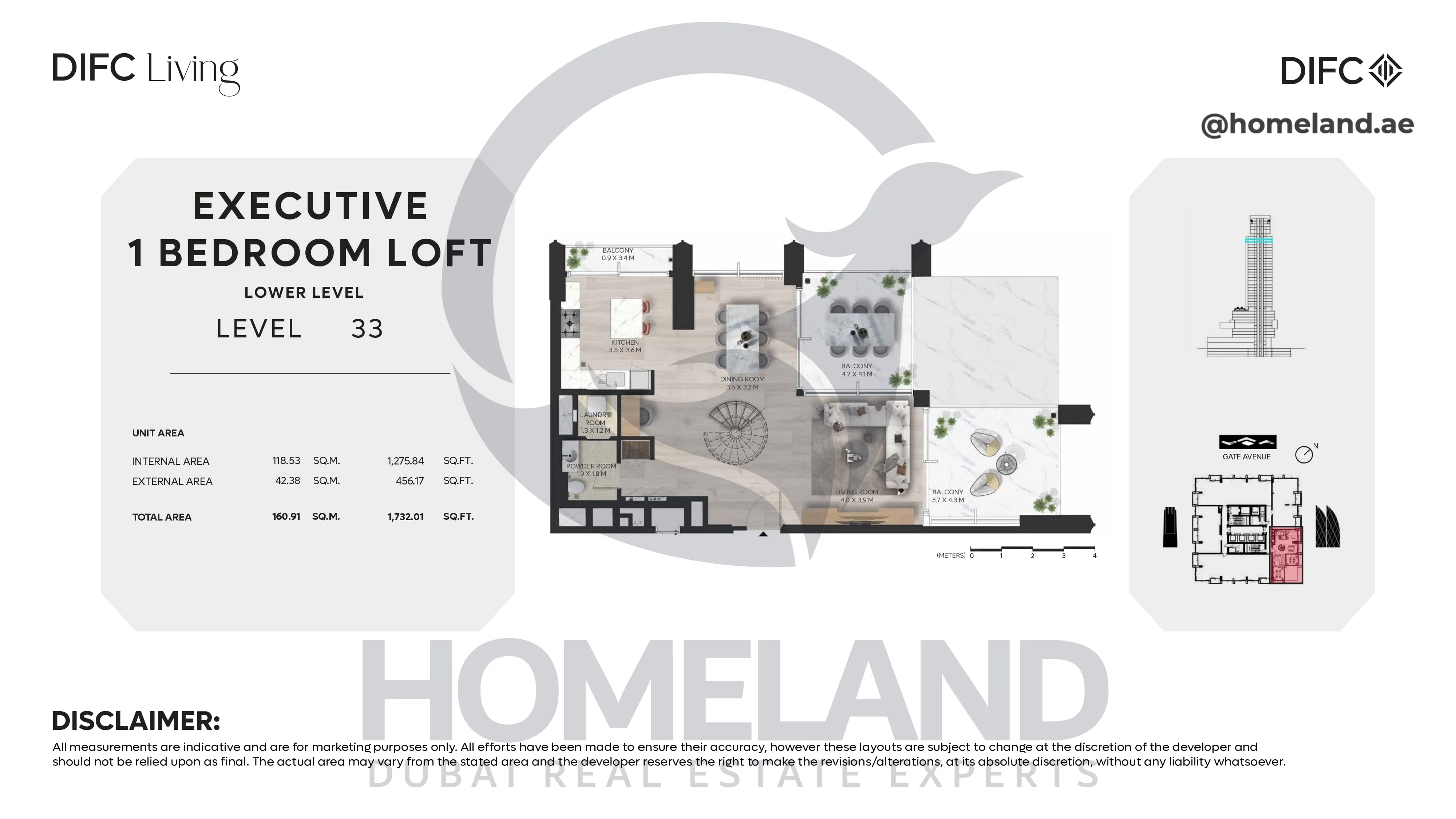 DIFC Living, Executive 1 BR Loft, Lower Level, Level 33, 1732 SQFT