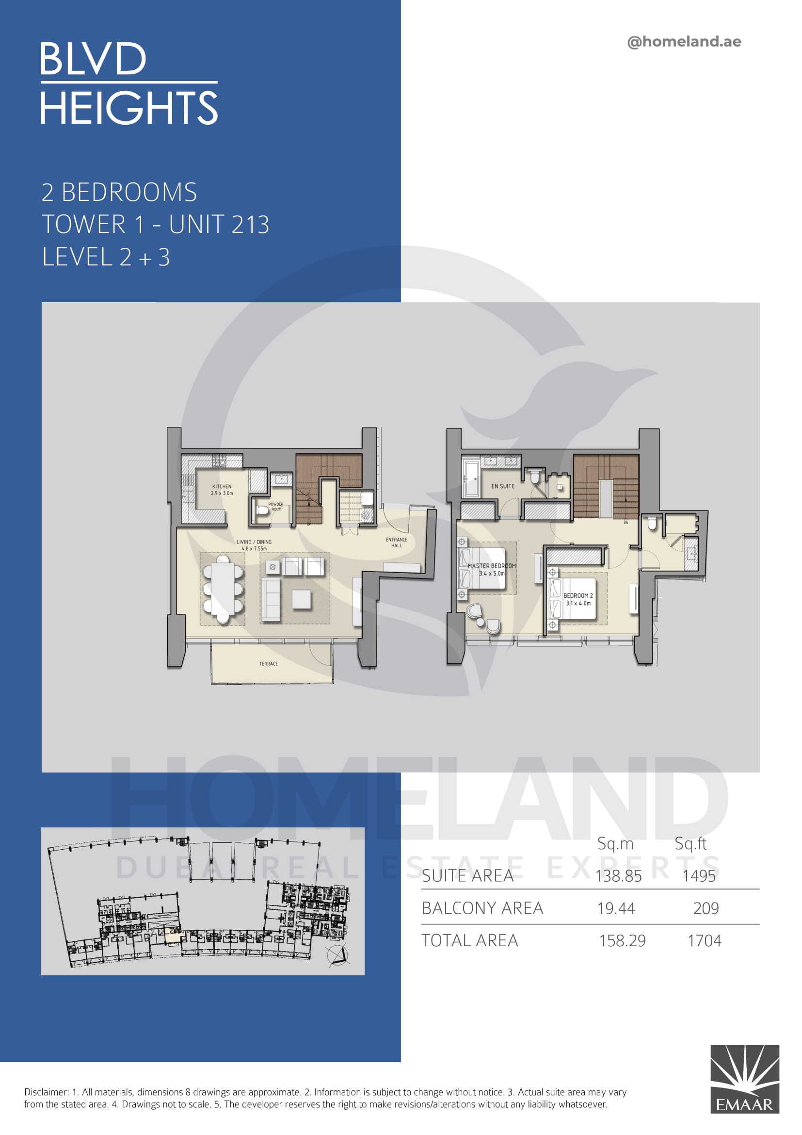 Blvd Heights T1, 2 BR, Unit 213, Level 2+3, 1704 SQFT