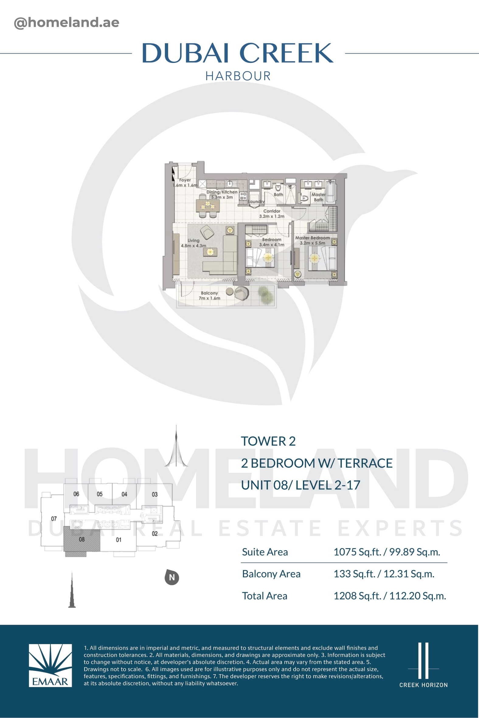 Creek Horizon, Tower 2, 2 BR Terrace, Unit 08, Level 2-17, 1208 SQFT