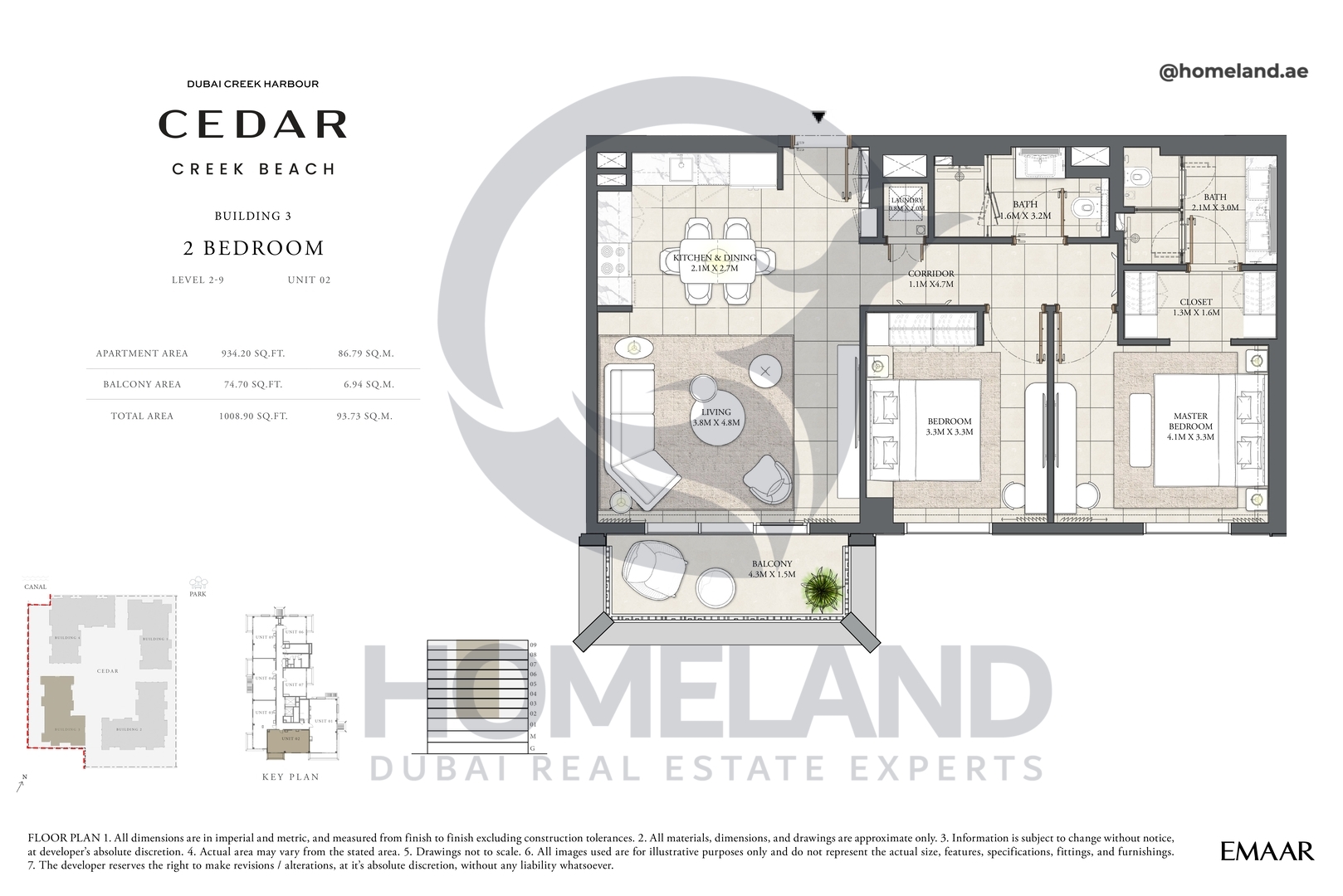 Cedar, Building 3, 2 BR, Level 2-9, Unit 02, 1008 SQFT
