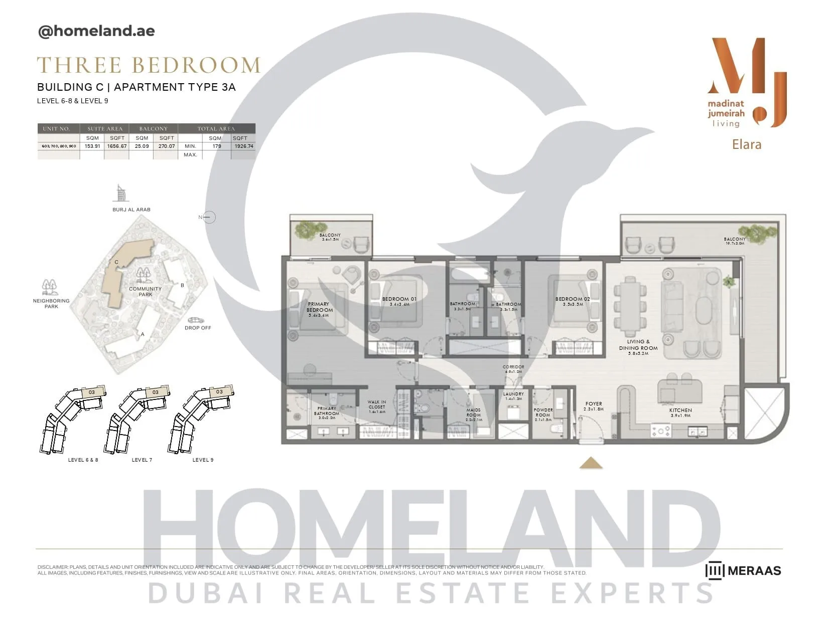 Elara, Building C, Type 3A, 3 BR, Unit 603-703-803-903, Level 6-8-9, 1926 SQFT