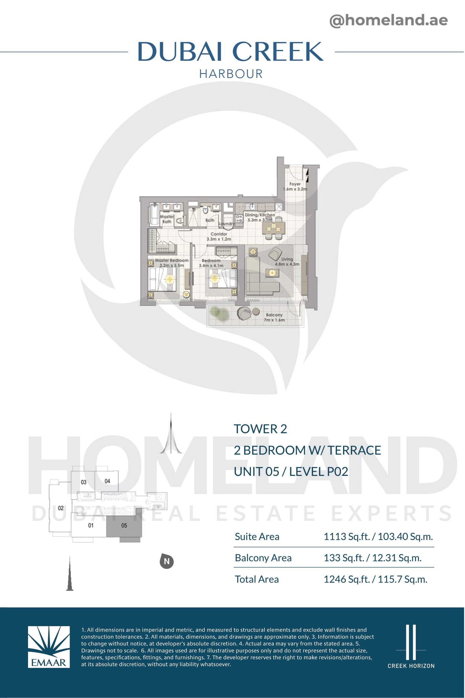 Creek Horizon, Tower 2, 2 BR Terrace, Unit 05, Level P02, 1246 SQFT