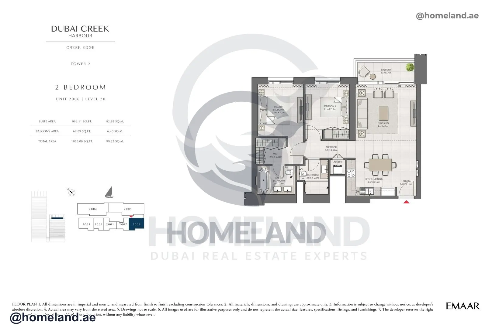 Creek Edge, Tower 2, 2 BR, Unit 2006, Level 20, 1068 SQFT