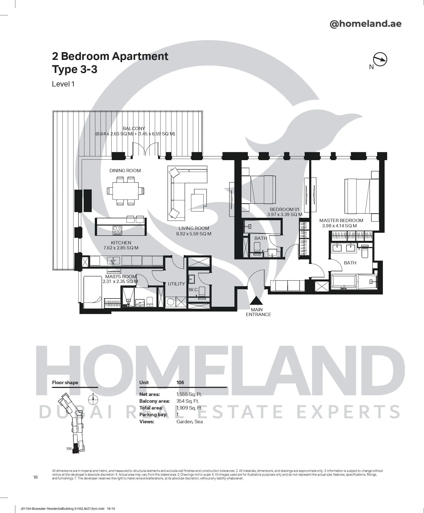 Bluewaters Residential Building Tower 3, 2 BR, Type 3-3, Level 1, Unit 106, 1909 SQFT