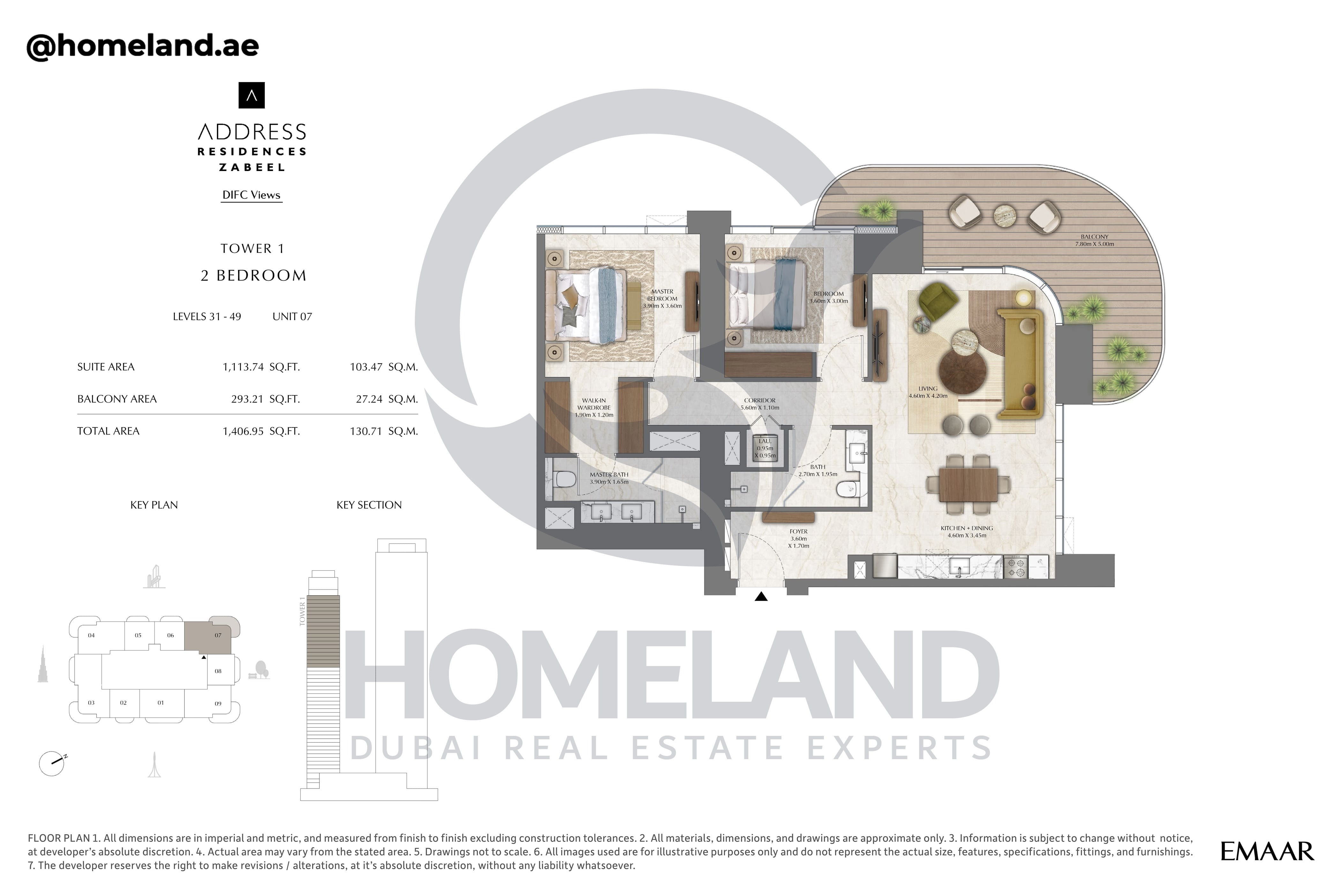 Address Residences Zabeel, Tower 1, 2BR, Level 31-49, Unit 07, 1406 SQFT