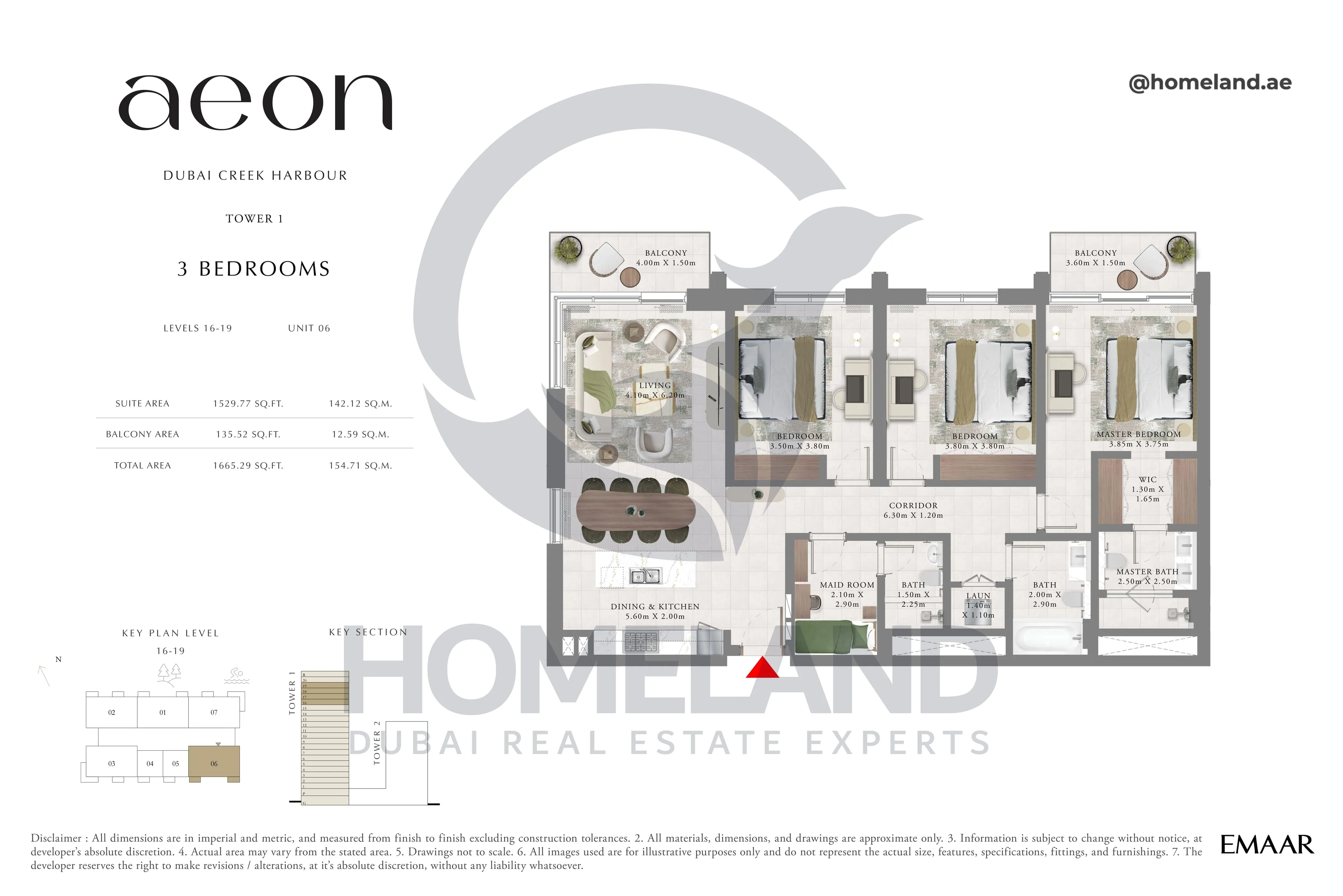 Aeon, Tower 1, 3 BR, Level 16-19, Unit 06, 1665 SQFT