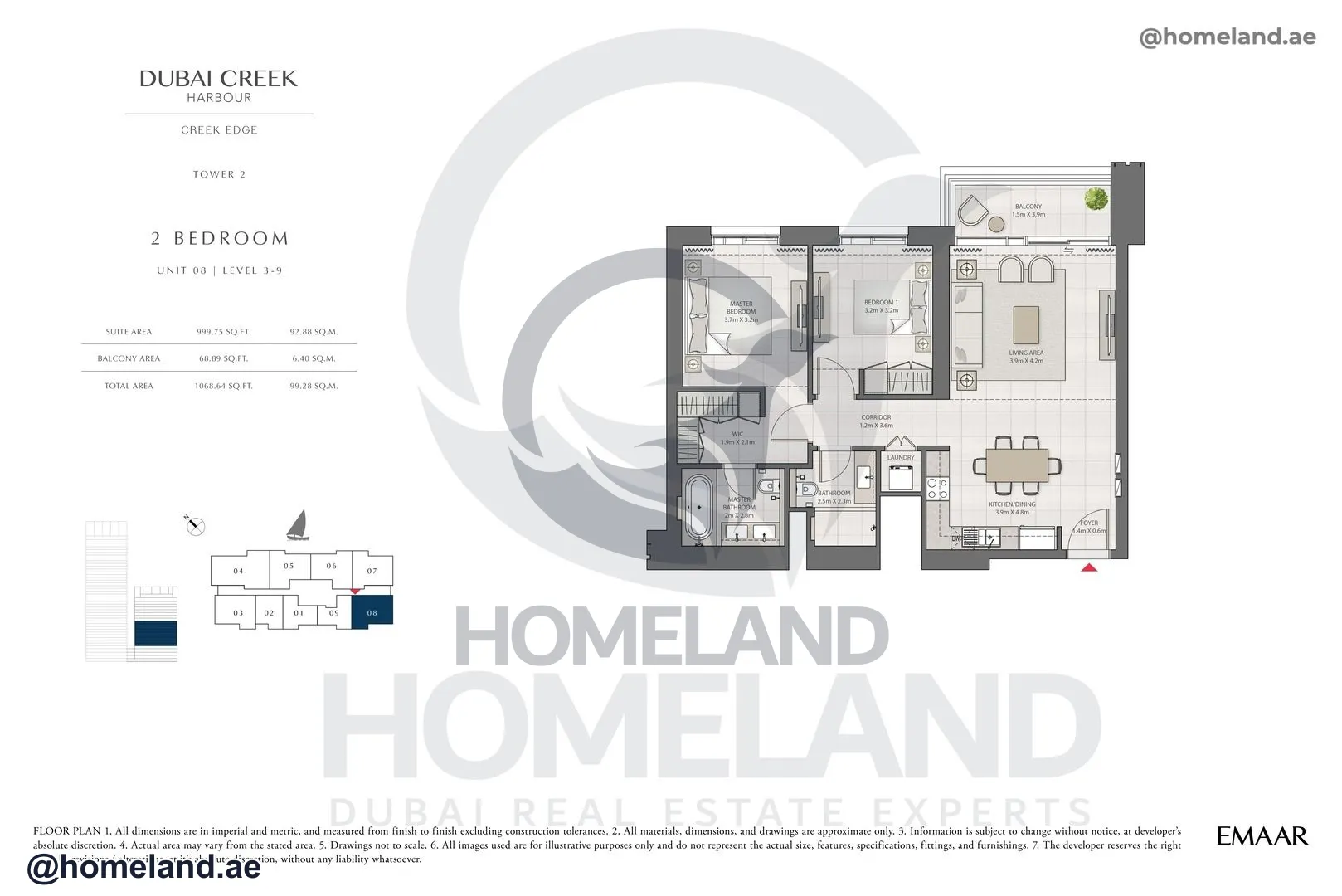 Creek Edge, Tower 2, 2 BR, Unit 08, Level 3-9, 1068 SQFT