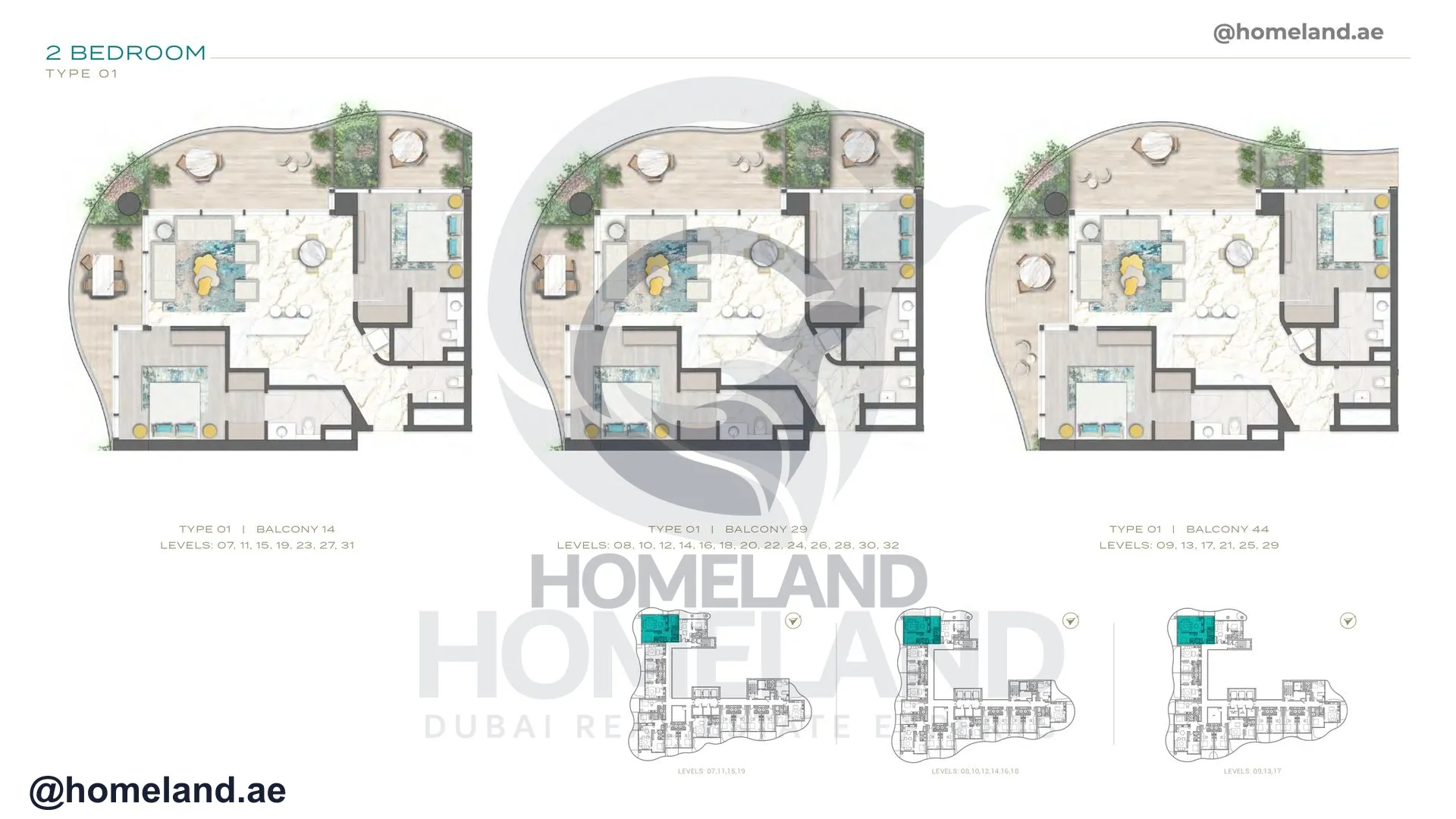 Chic Tower, 2 BR, Type 1, Balcony 14-29-44, Level 7-32