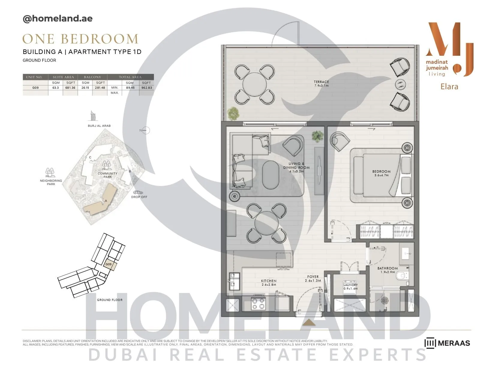 Elara, Building A, Type 1D, 1 BR, Unit G09, Ground Floor, 962 SQFT
