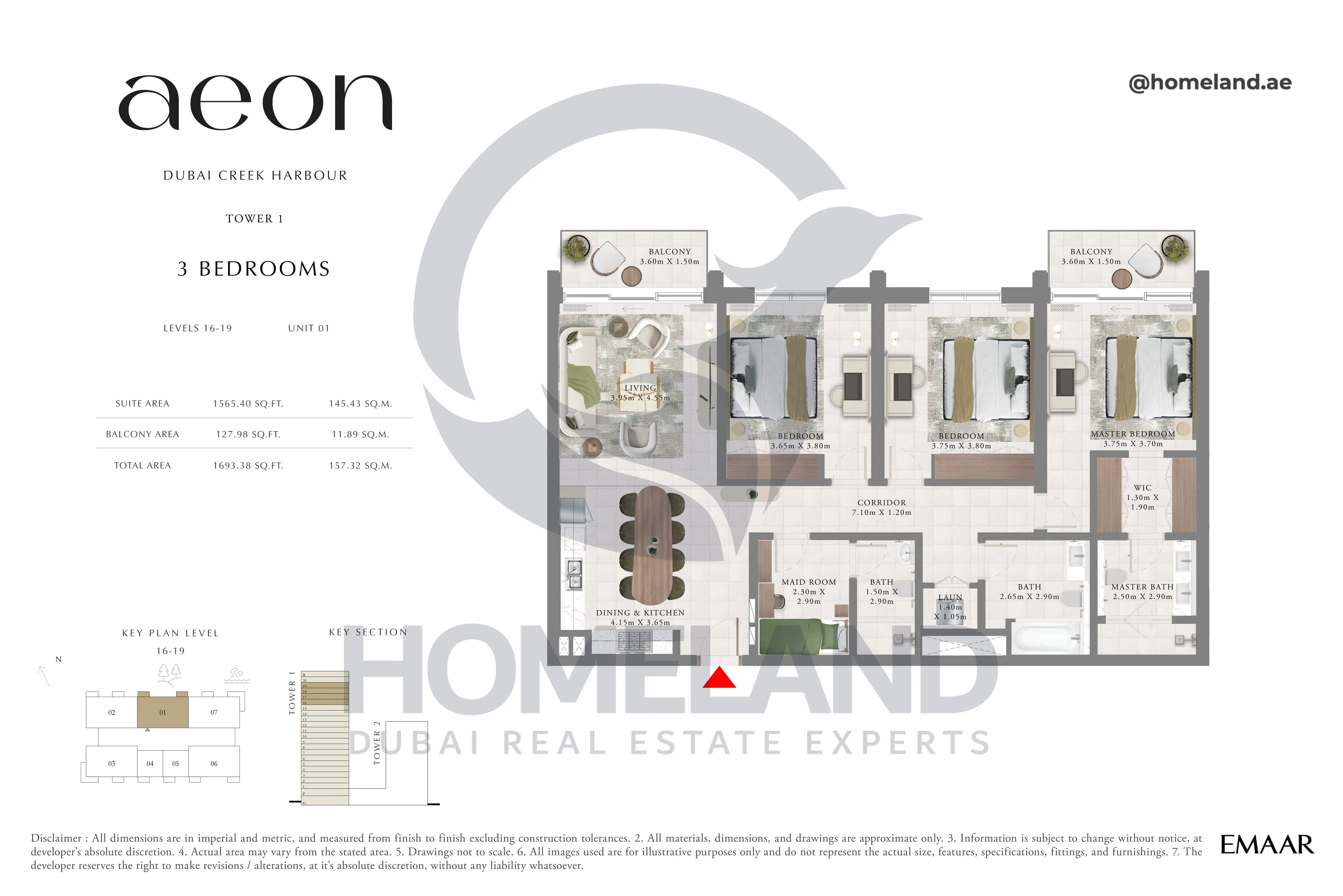 Aeon, Tower 1, 3 BR, Level 16-19, Unit 01, 1693 SQFT