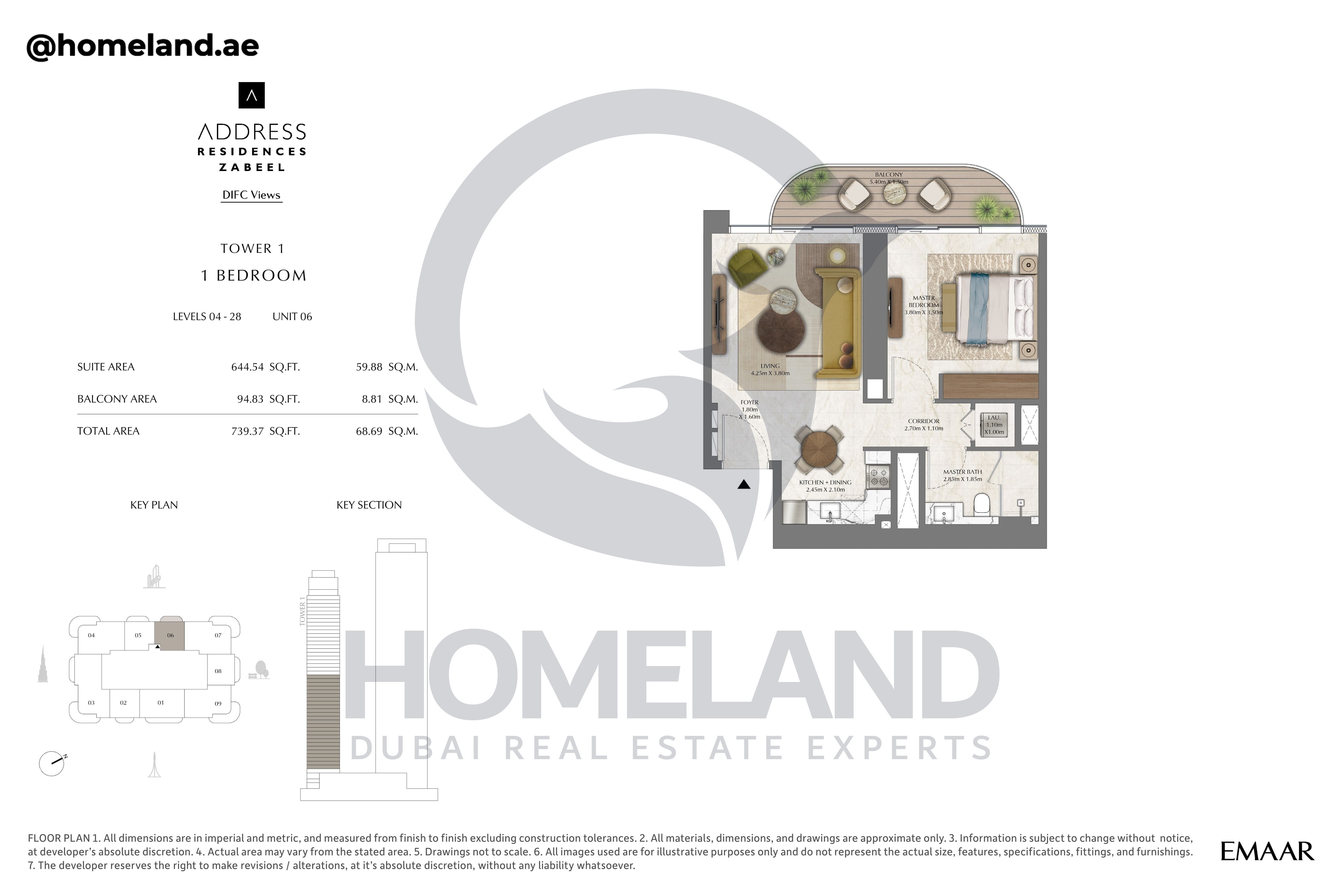 Address Residences Zabeel, Tower 1, 1BR, Level 4-28, Unit 06, 739 SQFT