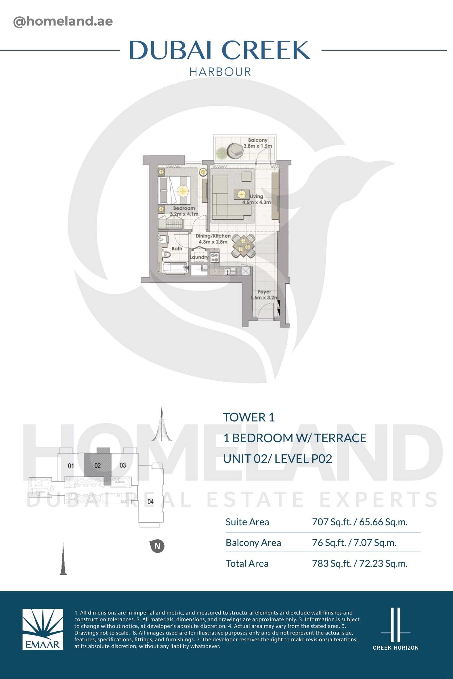Creek Horizon, Tower 1, 1 BR Terrace, Unit 02, Level P02, 783 SQFT