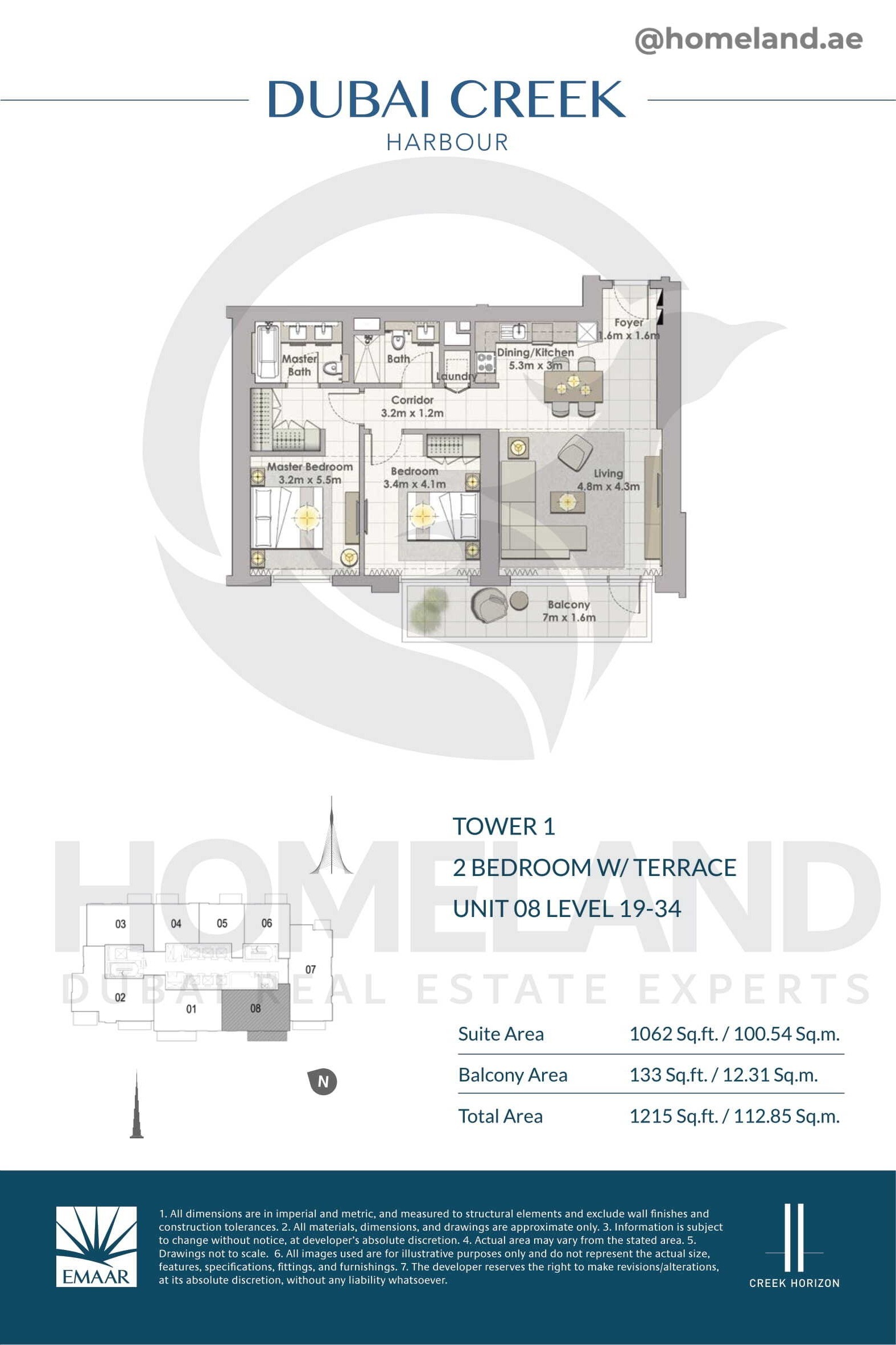 Creek Horizon, Tower 1, 2 BR Terrace, Unit 08, Level 19-34, 1215 SQFT