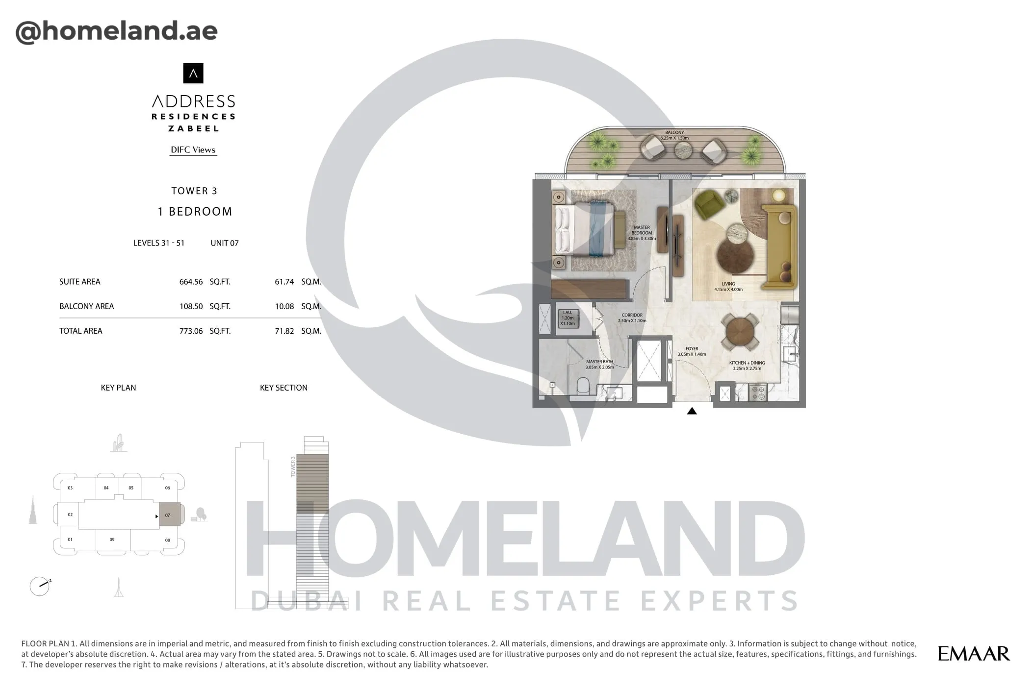 Address Residences Zabeel, Tower 3, 1BR, Level 31-51, Unit 07, 773 SQFT