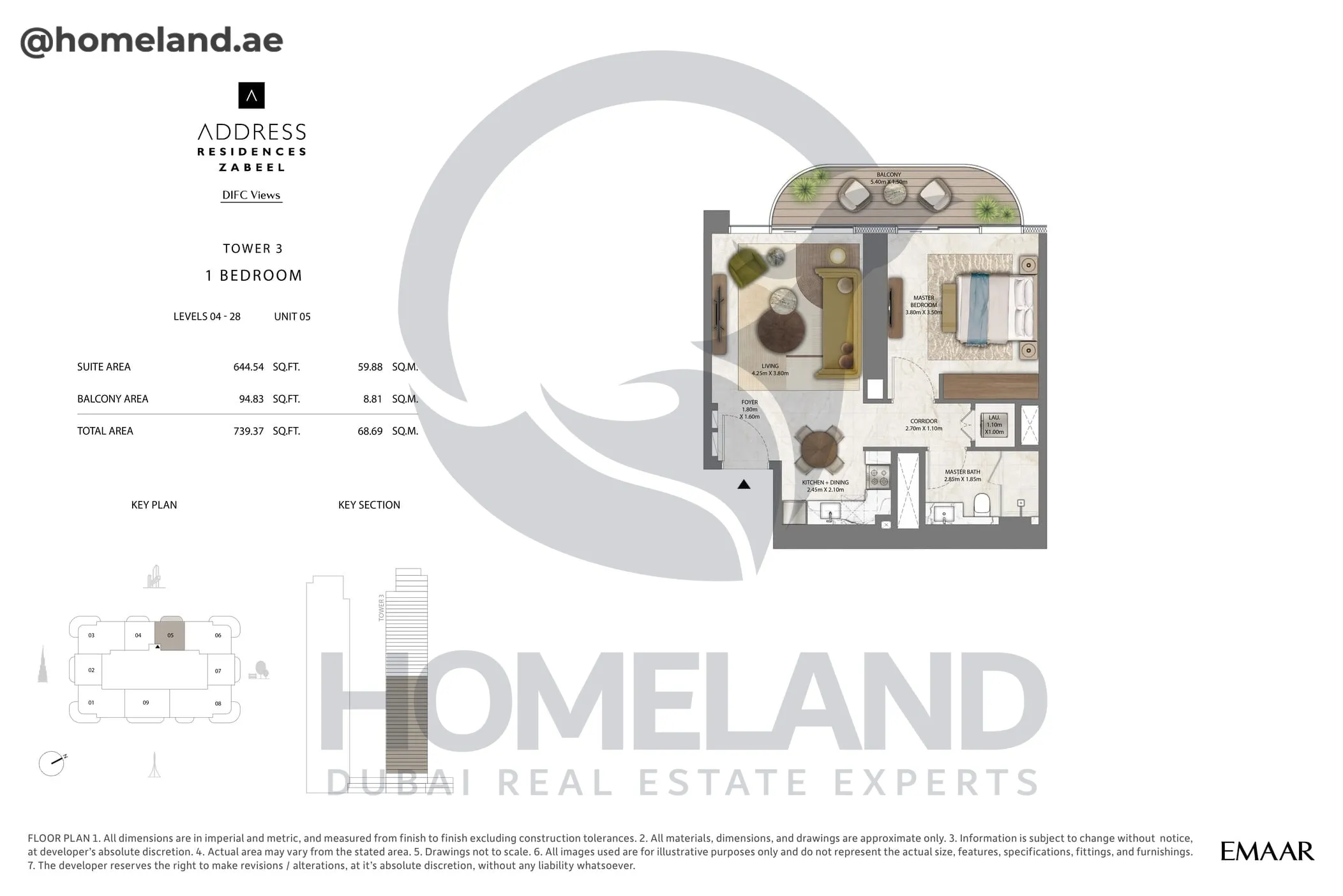 Address Residences Zabeel, Tower 3, 1BR, Level 4-28, Unit 05, 739 SQFT