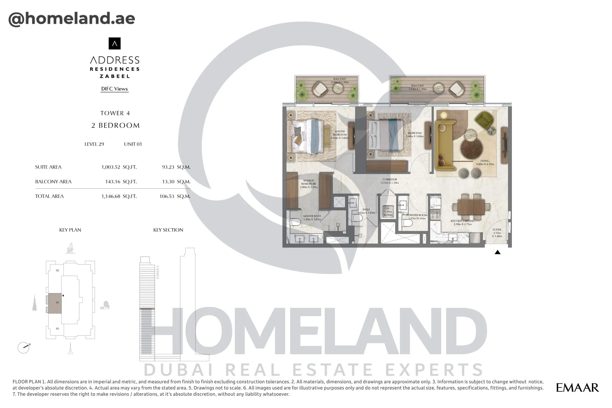 Address Residences Zabeel, Tower 4, 2BR, Level 29, Unit 01, 1146 SQFT