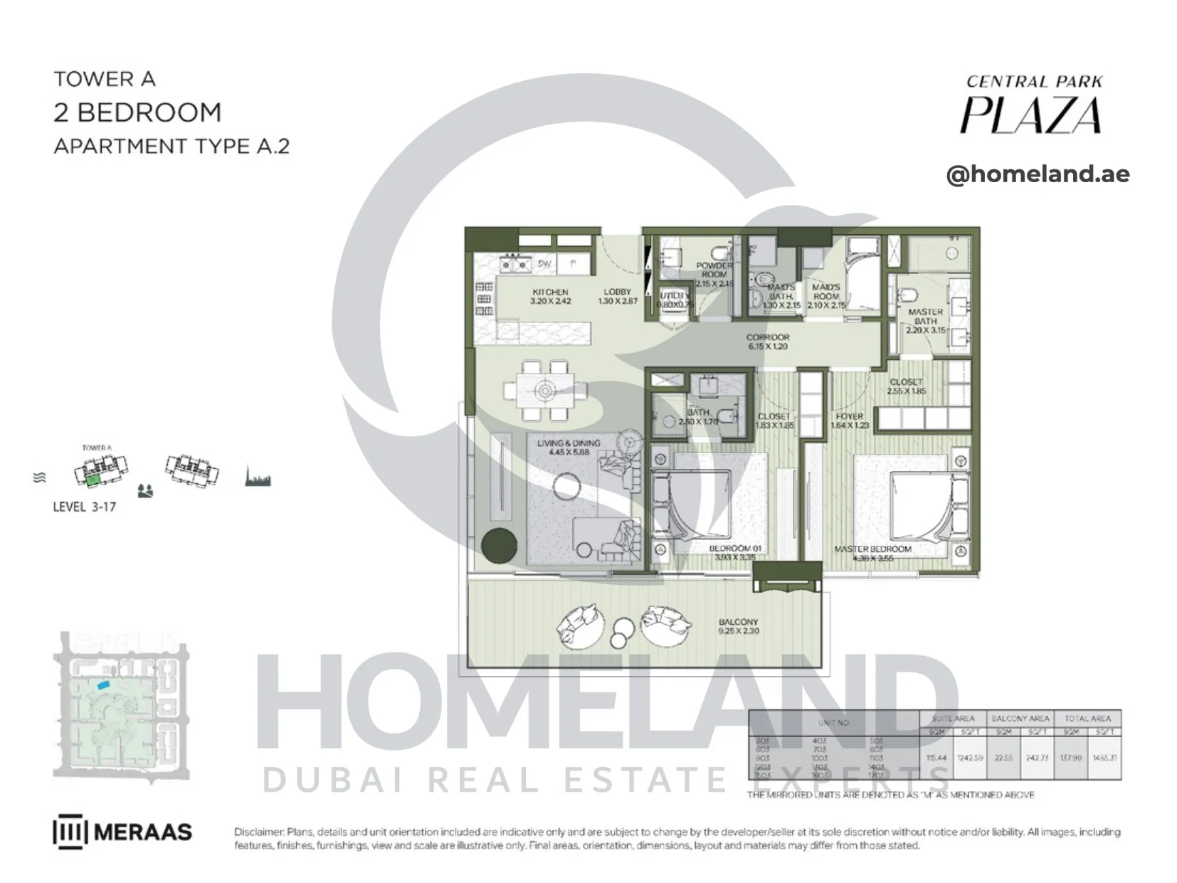 Central Park Plaza, Tower A, 2 BR, Type A.2, Level 2, 1485 SQFT