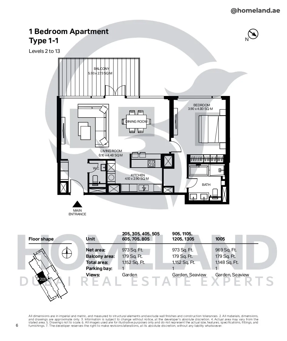 Bluewaters Residential Building Tower 7, 1 BR, Type 1-1, Level 2-13, Unit 205-305-405-505-605-705-805-905-1005-1105-1205-1305, 1152 SQFT