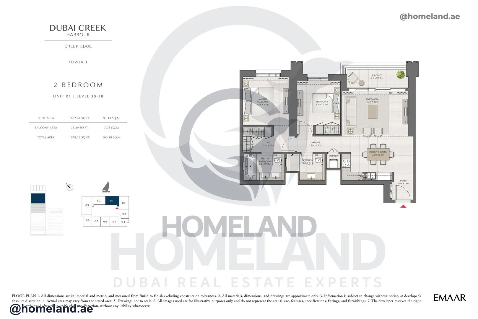 Creek Edge, Tower 1, 2 BR, Unit 01, Level 30-38, 1078 SQFT