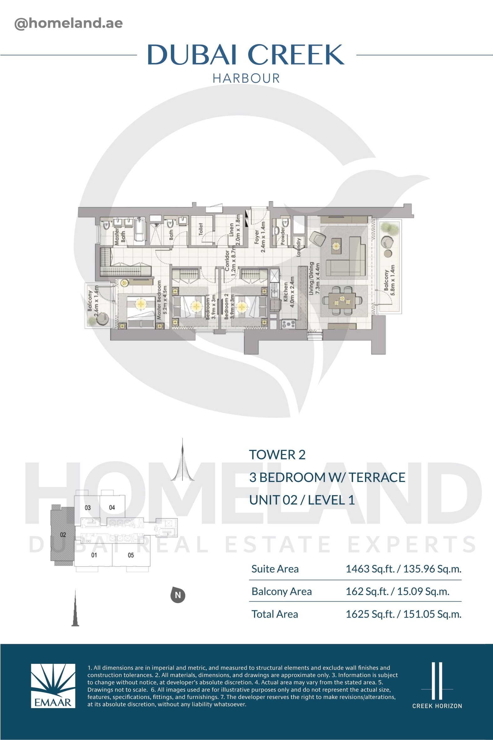 Creek Horizon, Tower 2, 3 BR Terrace, Unit 02, Level 1, 1625 SQFT