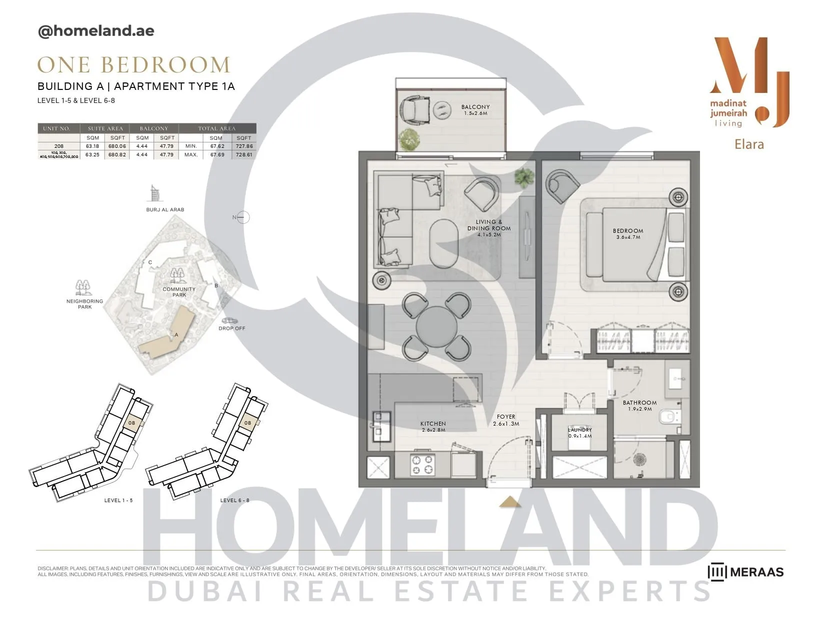 Elara, Building A, Type 1A, 1 BR, Unit 108-208-308-408-508-608-708-808, Level 1-5-6-8, 728 SQFT