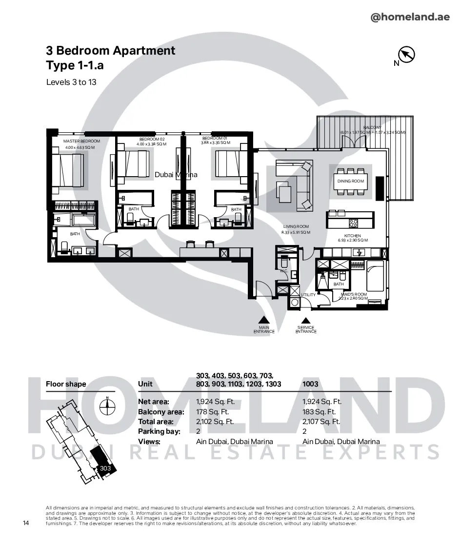 Bluewaters Residential Building Tower 7, 3 BR, Type 1-1.a, Level 3-13, Unit 303-403-503-603-703-803-903-1003-1103-1203-1303, 2107 SQFT