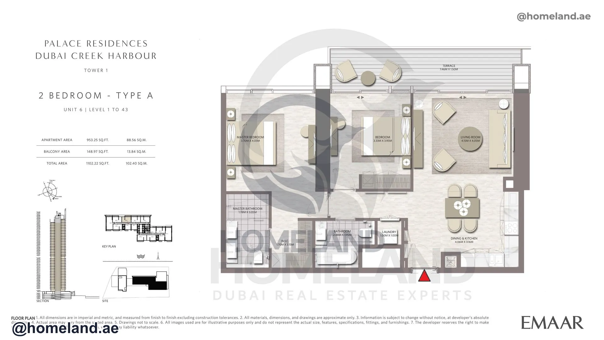 Palace Residences, Tower 1, 2 BR Type A, Unit 6, Level 1 to 43, 1102 SQFT