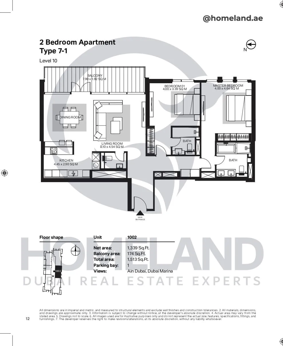 Bluewaters Residential Building Tower 6, 2 BR, Type 7-1, Level 10, Unit 1002, 1513 SQFT