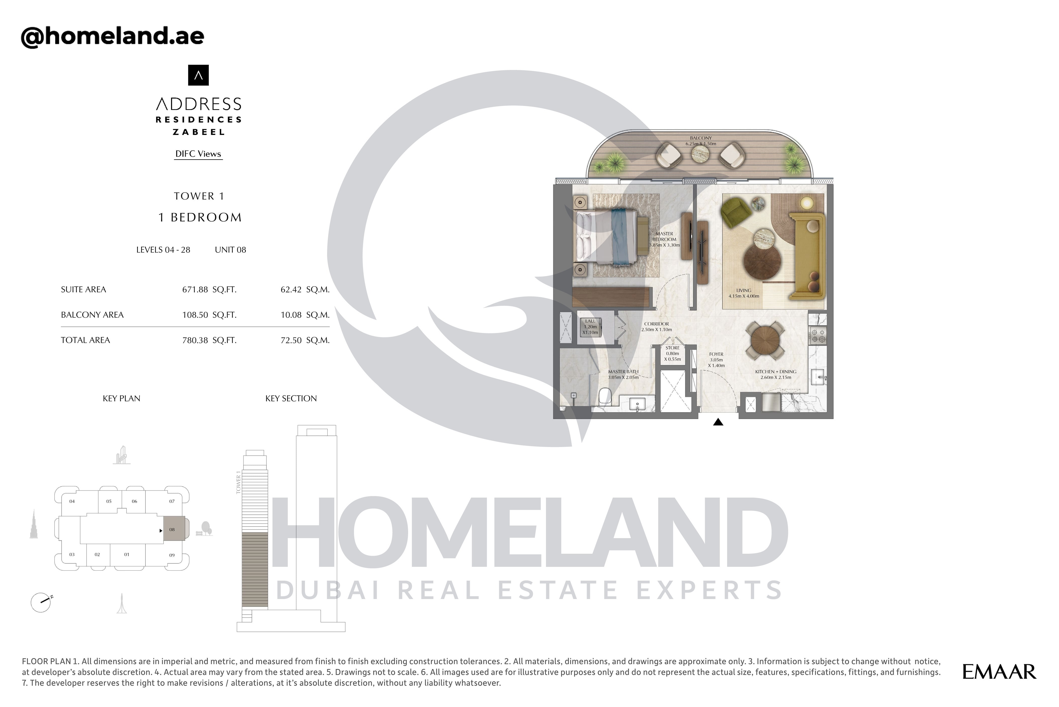 Address Residences Zabeel, Tower 1, 1BR, Level 4-28, Unit 08, 780 SQFT