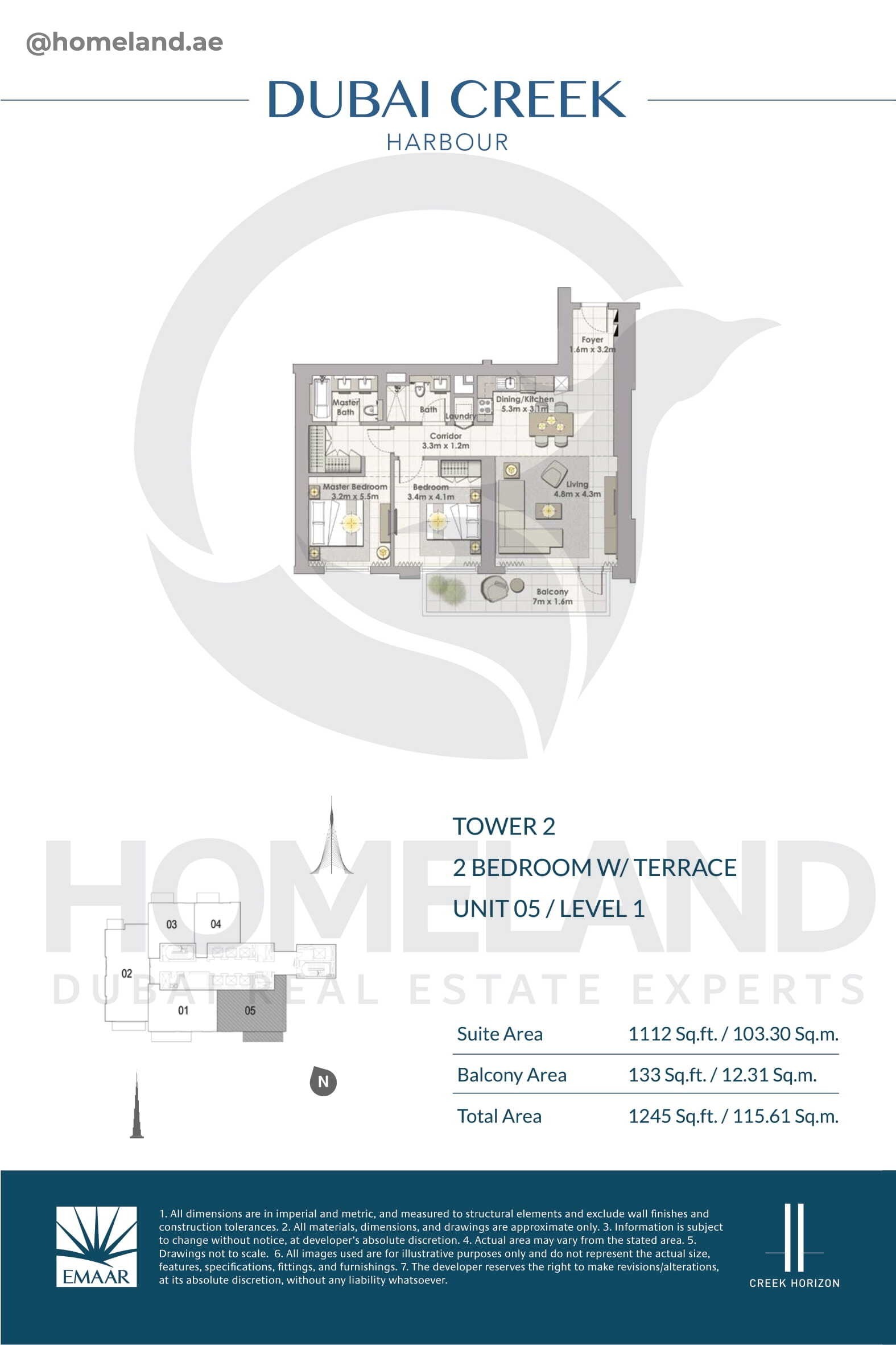 Creek Horizon, Tower 2, 2 BR Terrace, Unit 05, Level 1, 1245 SQFT