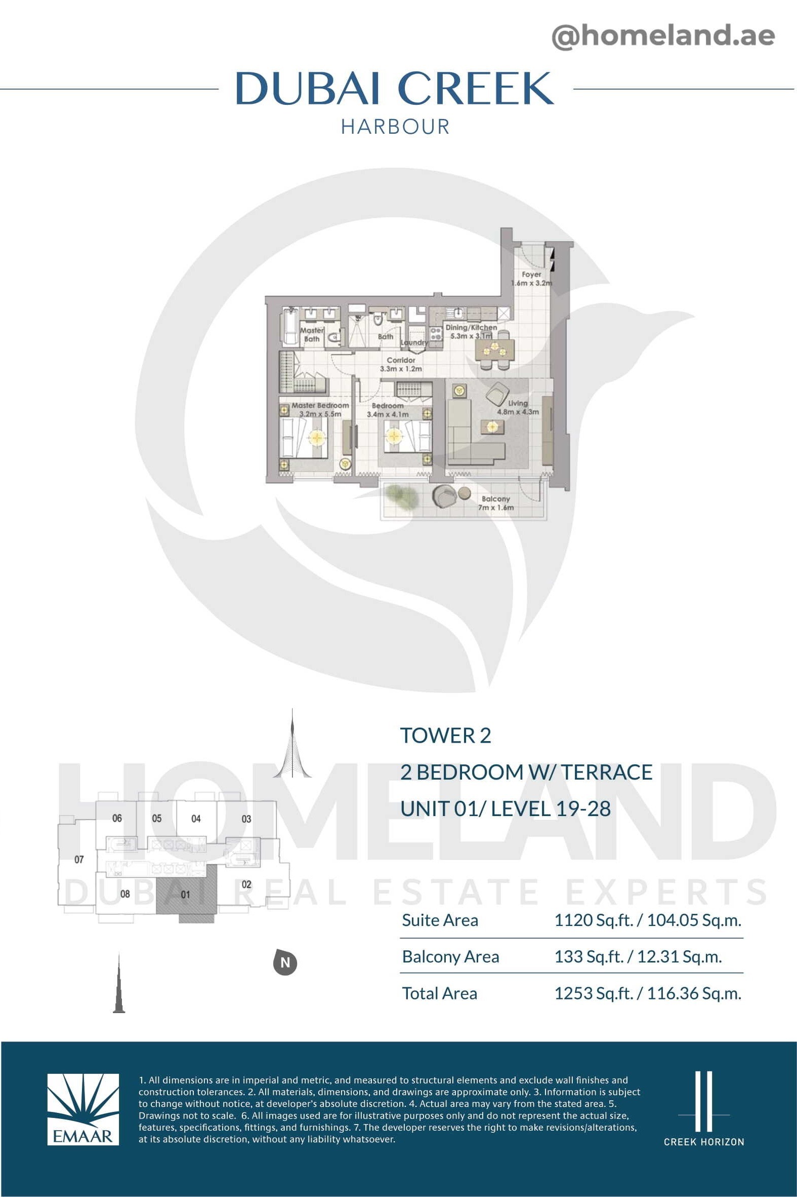 Creek Horizon, Tower 2, 2 BR Terrace, Unit 01, Level 19-28, 1253 SQFT