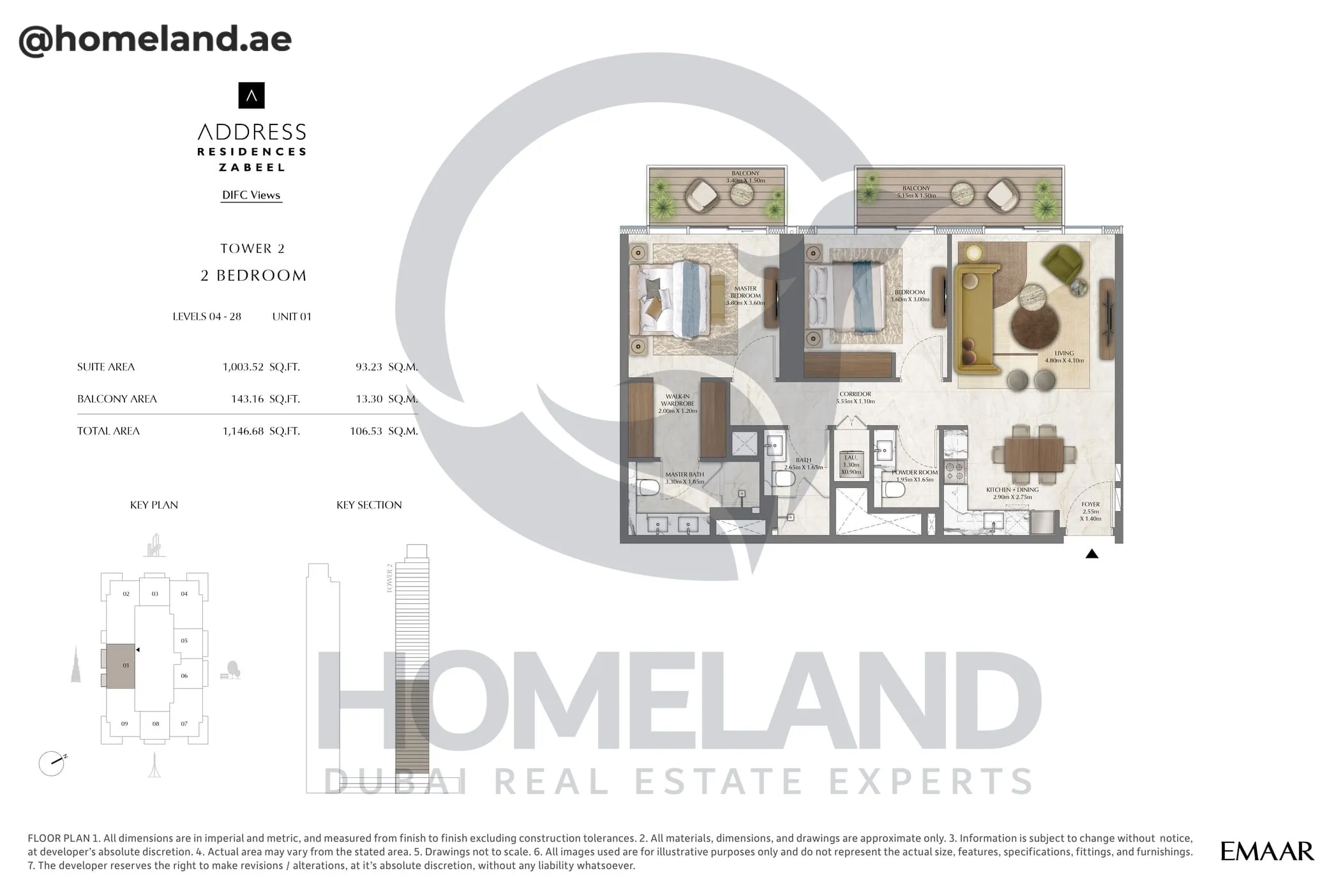 Address Residences Zabeel, Tower 2, 2BR, Level 4-28, Unit 01, 1146 SQFT