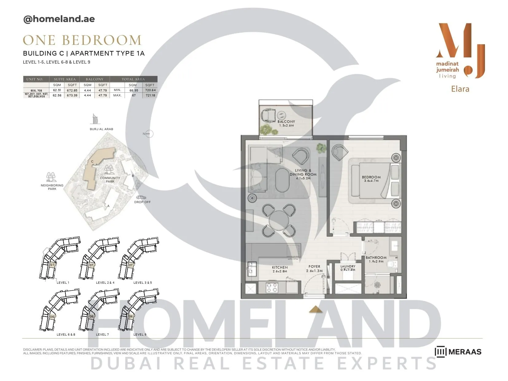 Elara, Building C, Type 1A, 1 BR, Unit 107-207-307-407-507-605-705-805-905, Level 1-5-6-8-9, 721 SQFT