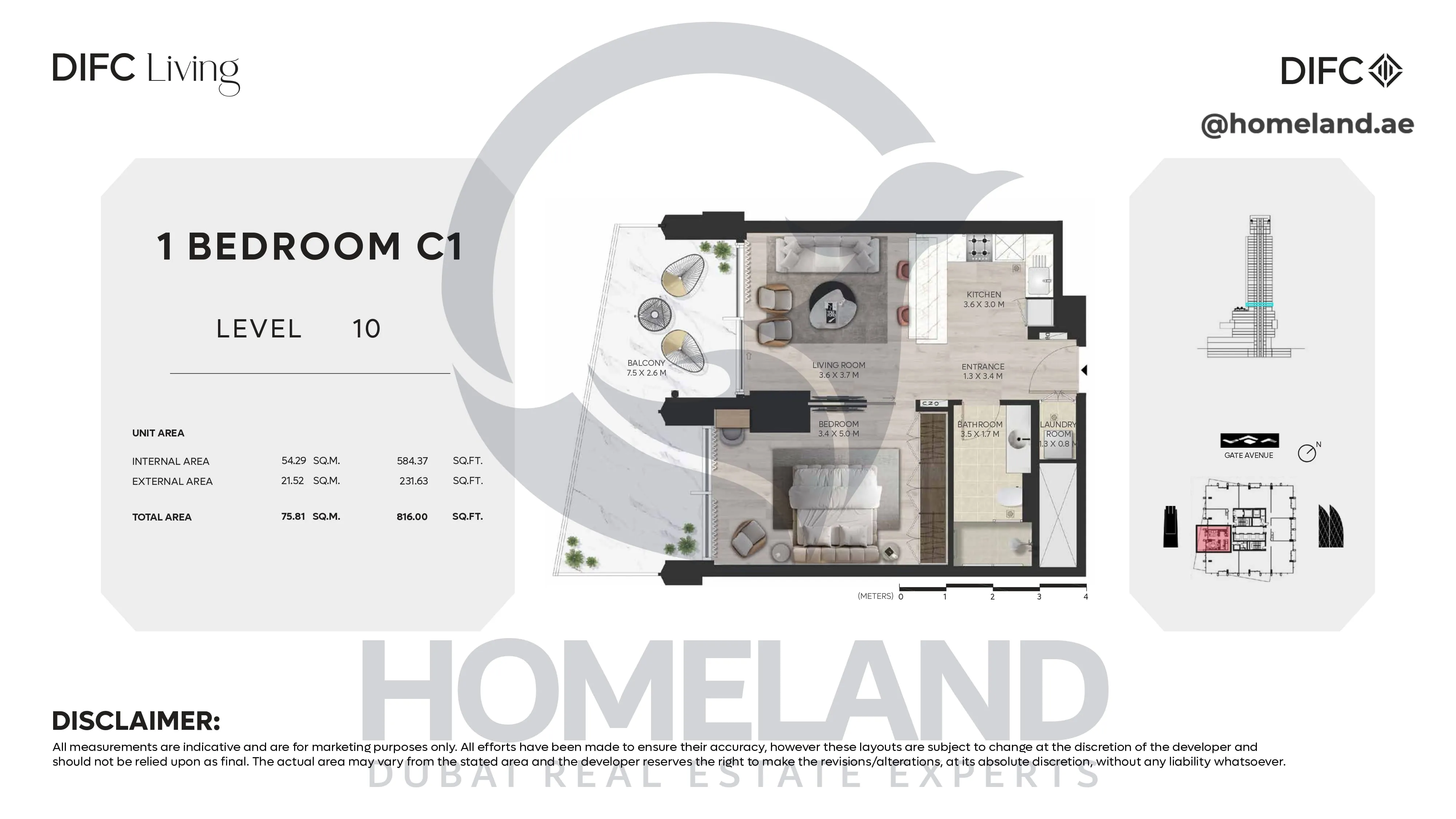 DIFC Living, 1 BR C1, Level 10, 816 SQFT