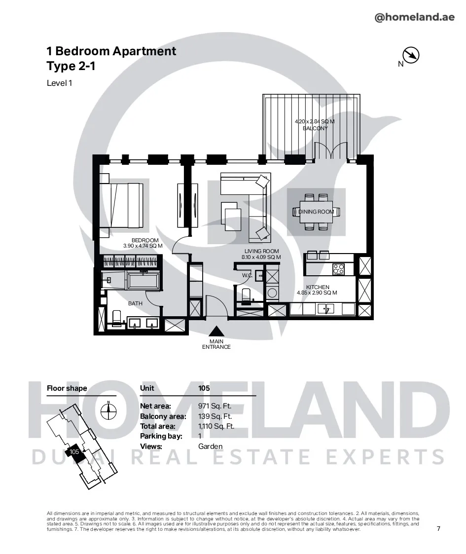 Bluewaters Residential Building Tower 7, 1 BR, Type 2-1, Level 1, Unit 105, 1110 SQFT